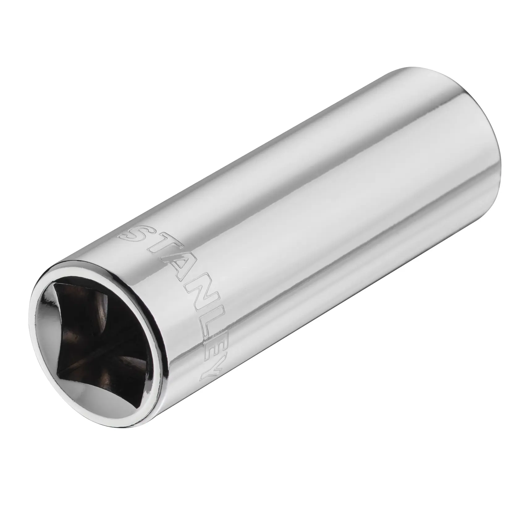 STANLEY STMT88993-0 chrome deep socket, side angle photo, tool accessory for ratchets.