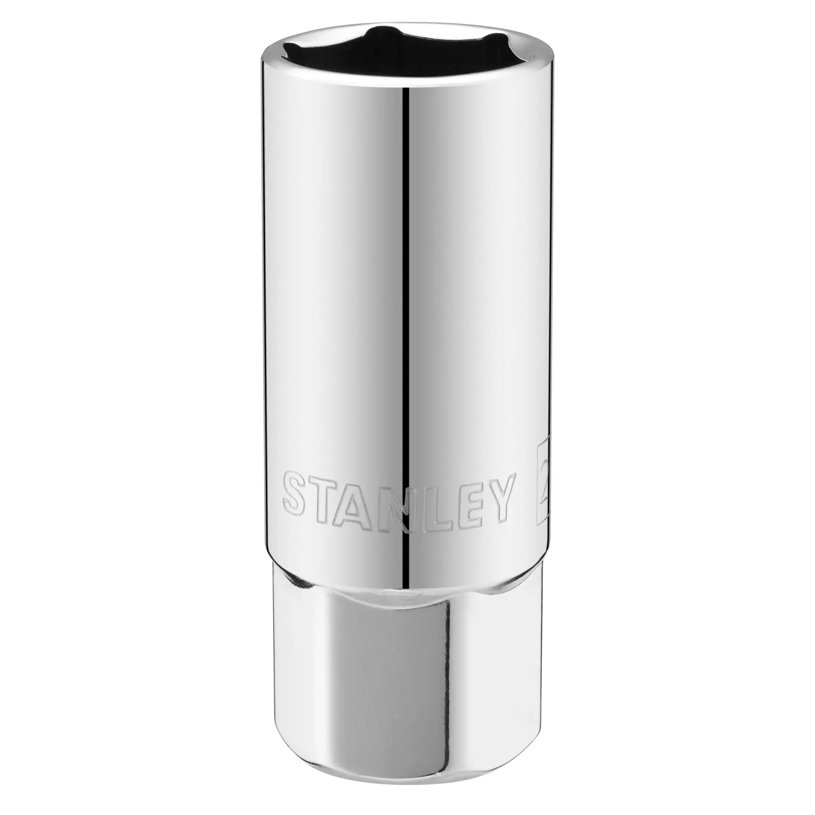 STANLEY STMT88994-0 chrome deep socket, front view, hand tool accessory on white background.