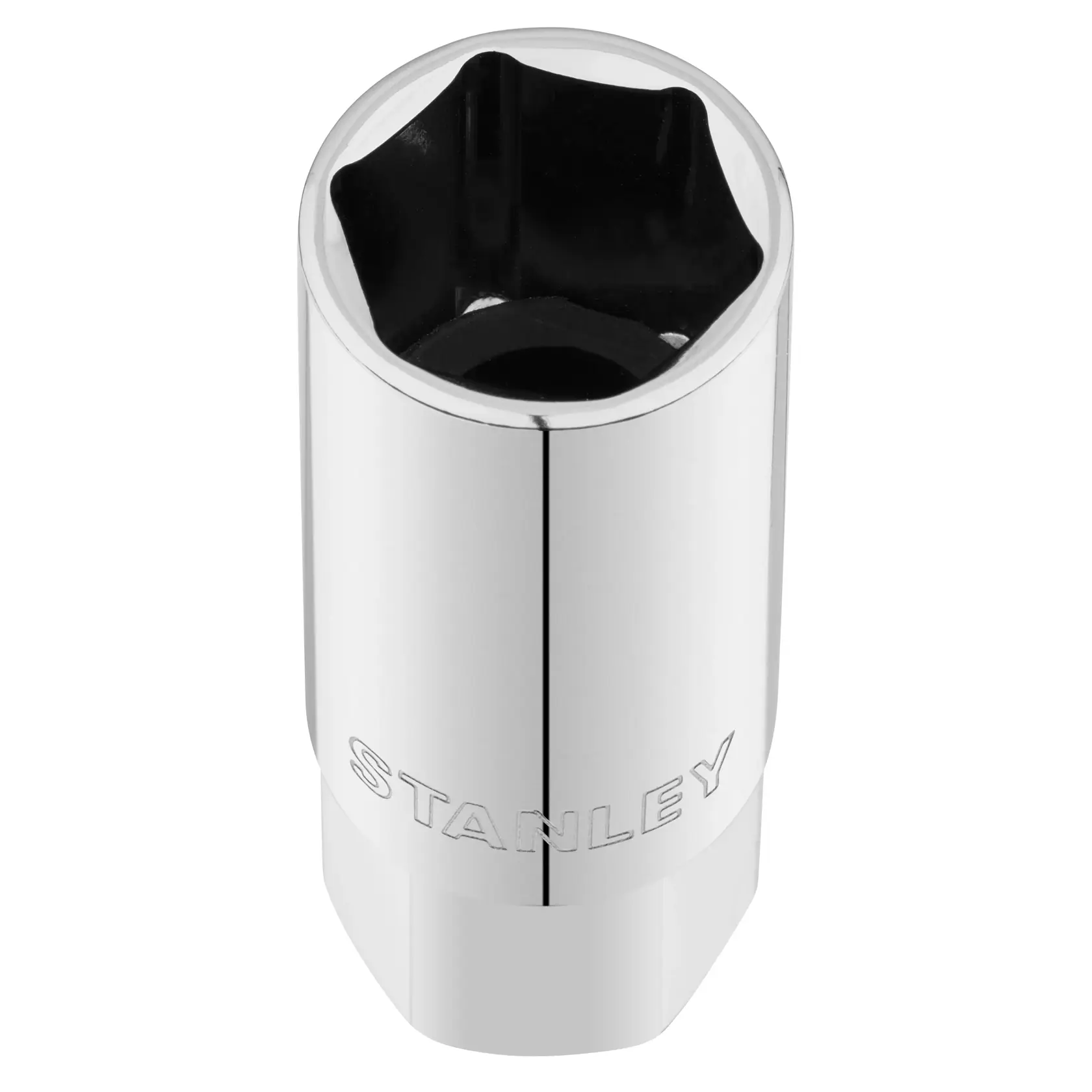 STANLEY STMT88994-0 chrome socket, six-point design, product photography, top angle, white background.