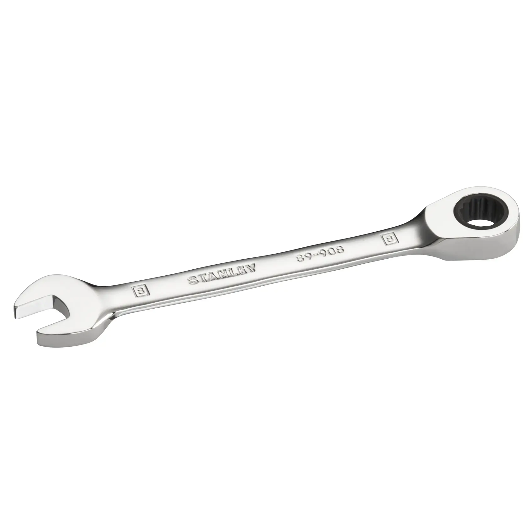 Photo of STANLEY STMT89908-0 ratcheting combination wrench, chrome finish, side angle on white background.