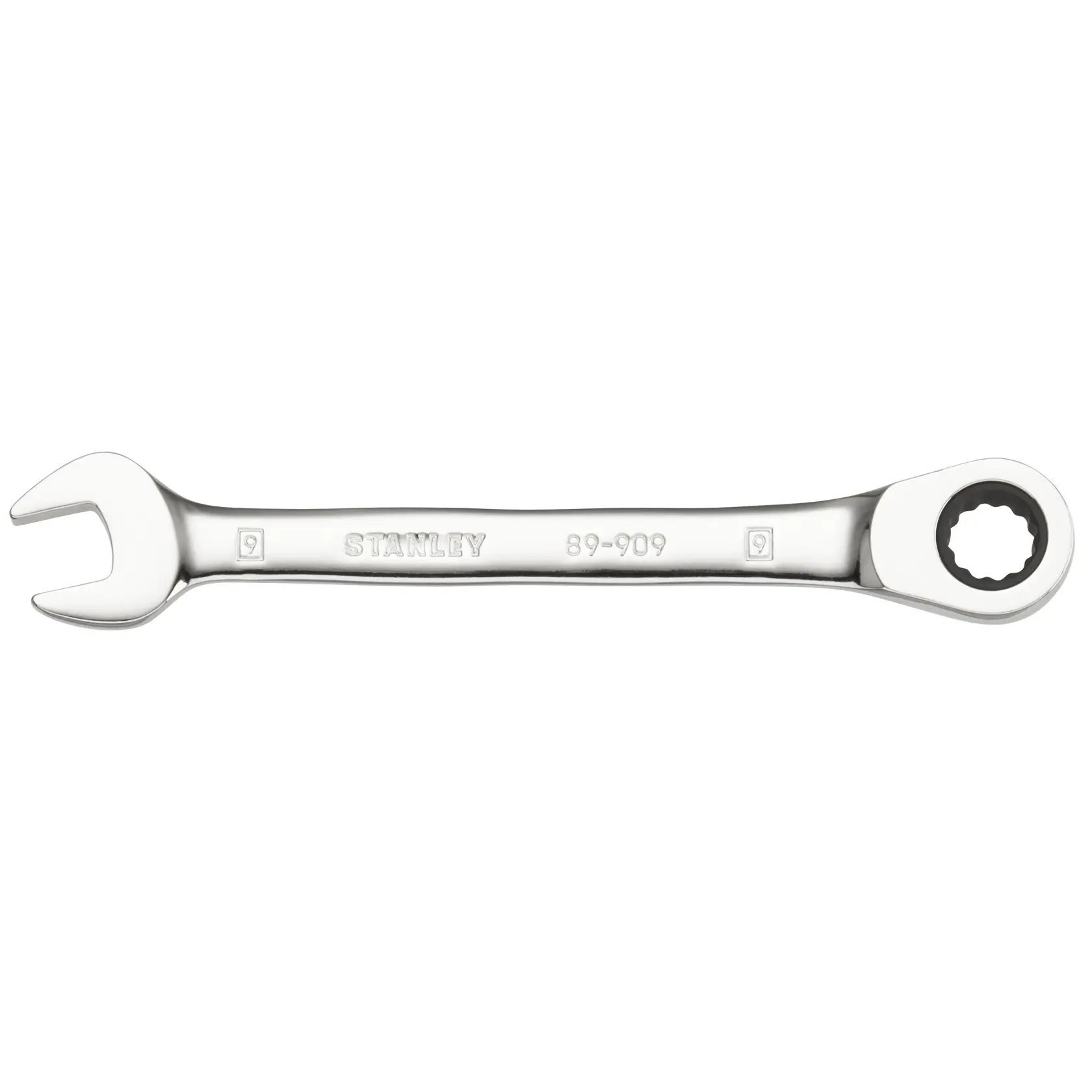 STANLEY STMT89909-0 combination ratcheting wrench, silver, front angle, white background.