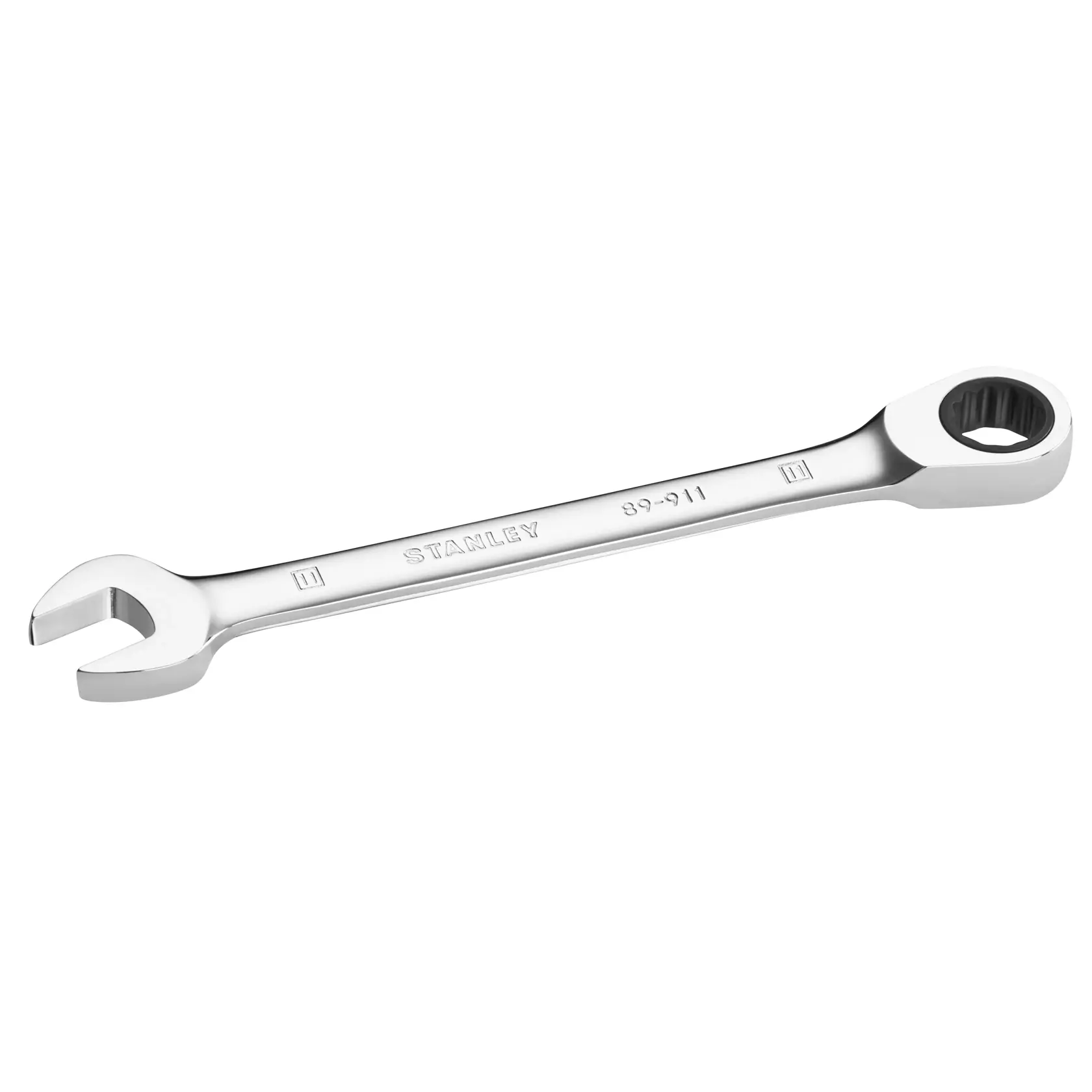 Photo of STANLEY STMT89911-0 combination ratcheting wrench, chrome finish, tool shown at angle on white background.