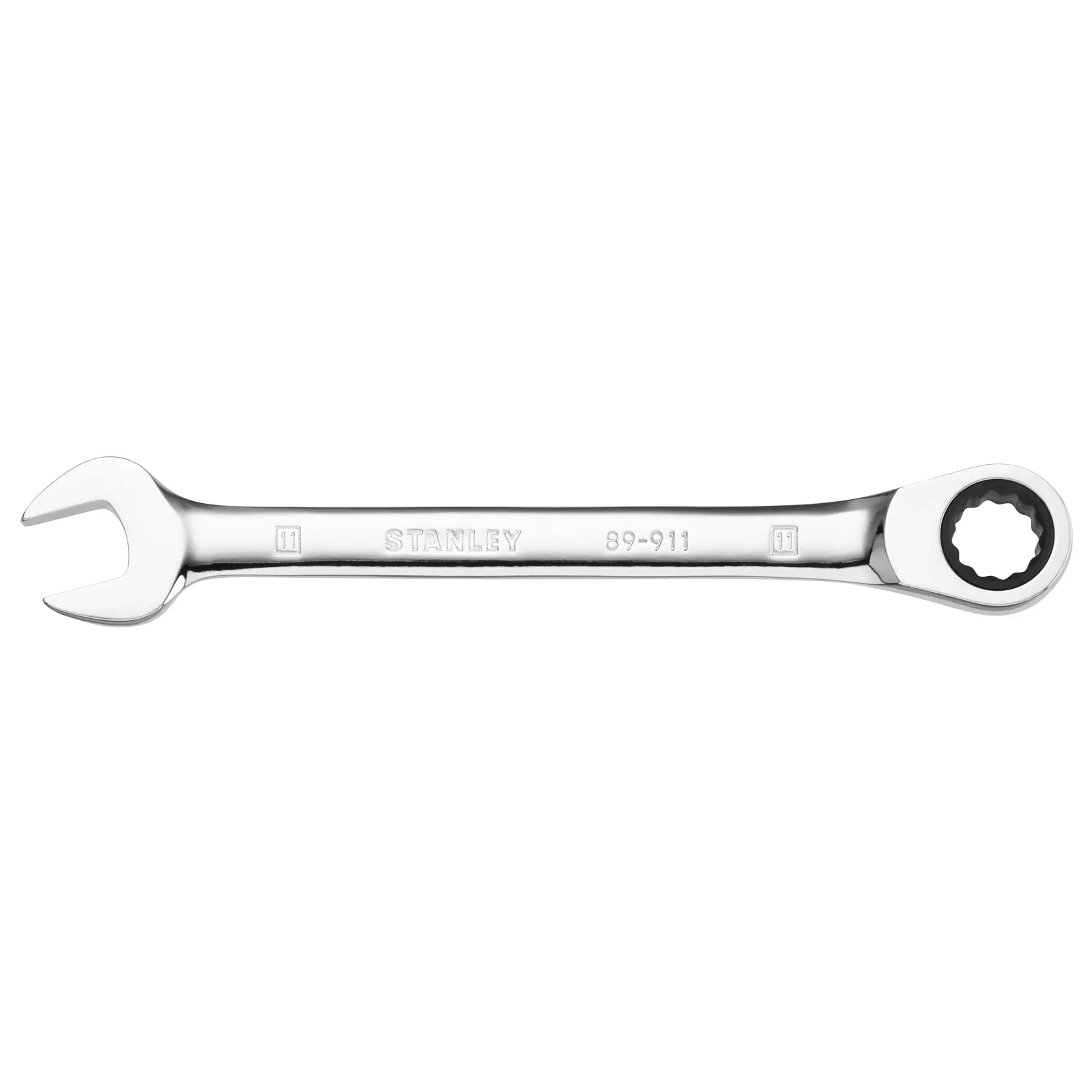STANLEY STMT89911-0 chrome combination ratcheting wrench, flat side view on white background.