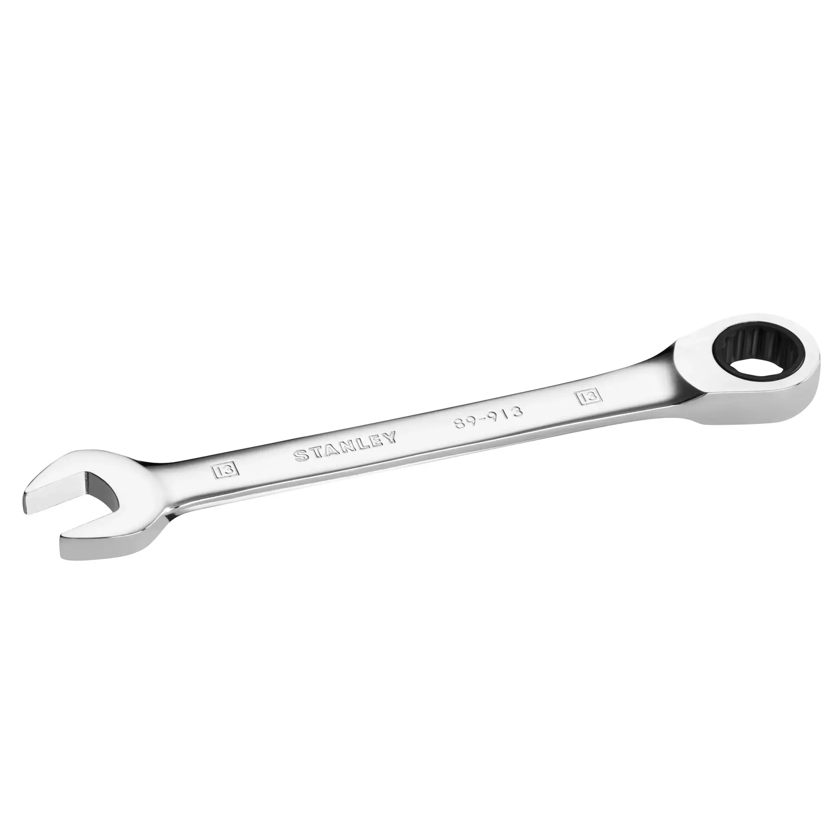 Photo of STANLEY STMT89913-0 combination ratcheting wrench, chrome finish, angled view, white background.