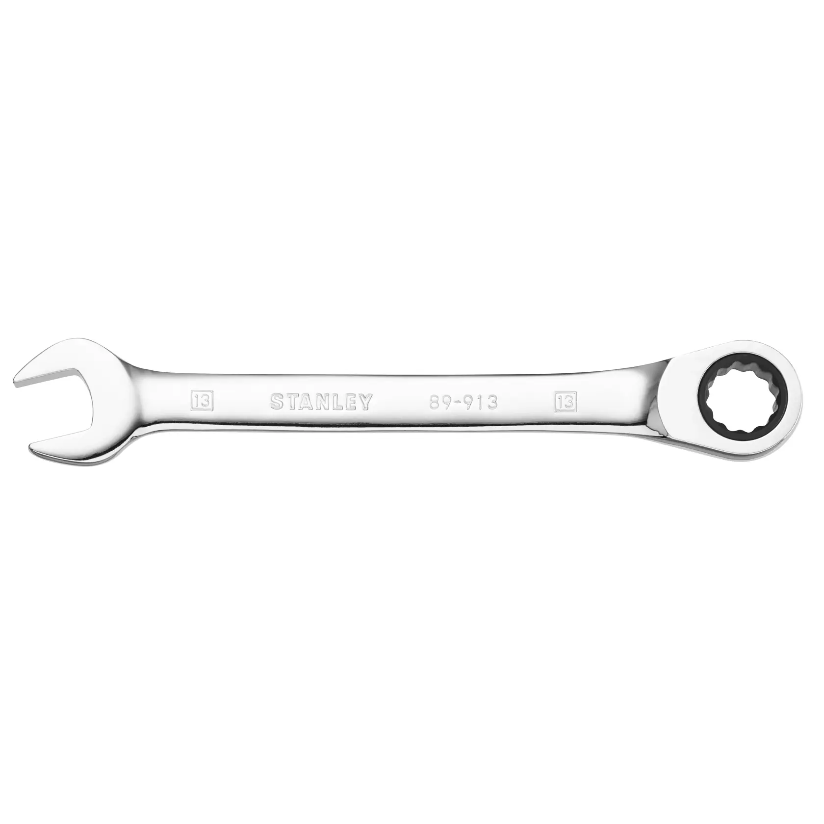 STANLEY STMT89913-0 ratcheting combination wrench, silver, product photo on white background.