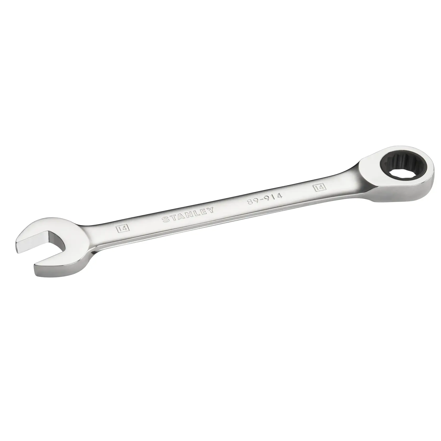 Photo of STANLEY STMT89914-0 combination wrench, chrome finish, open-end and ratcheting box end, angled on white background.