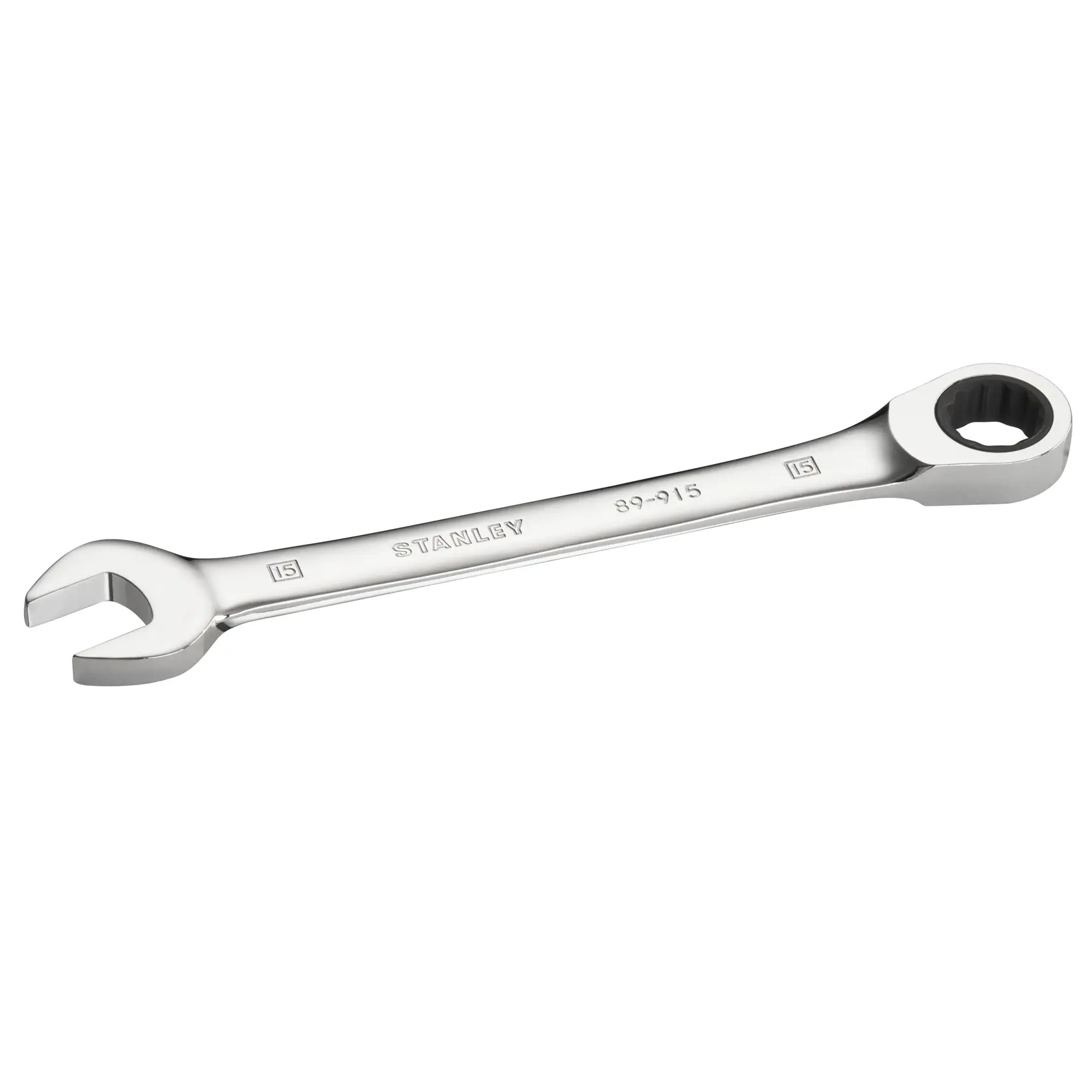 STANLEY STMT89915-0 combination wrench, silver, open and box end, product photo on white background.