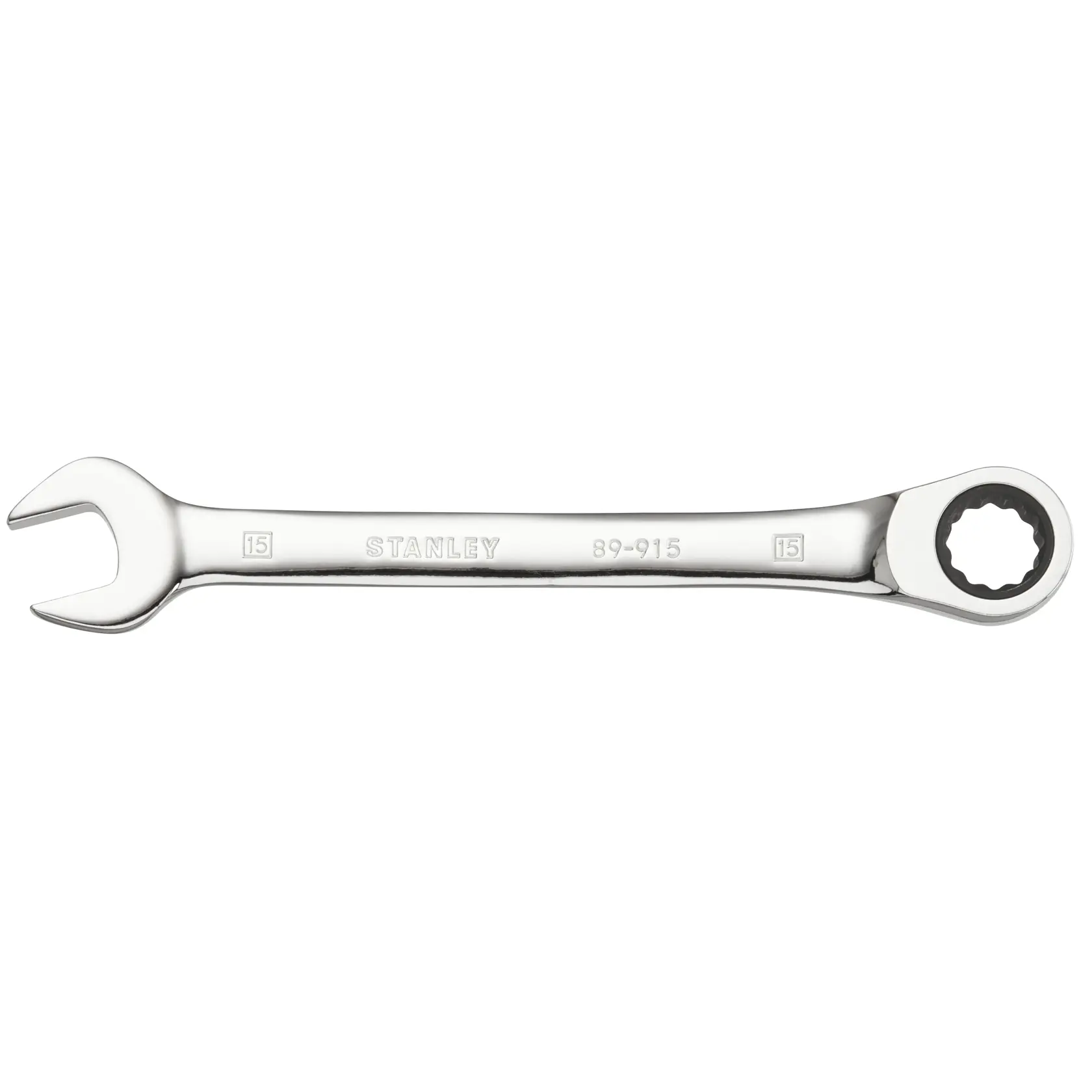 STANLEY STMT89915-0 combination ratcheting wrench, chrome finish, 15mm, side view on white background.
