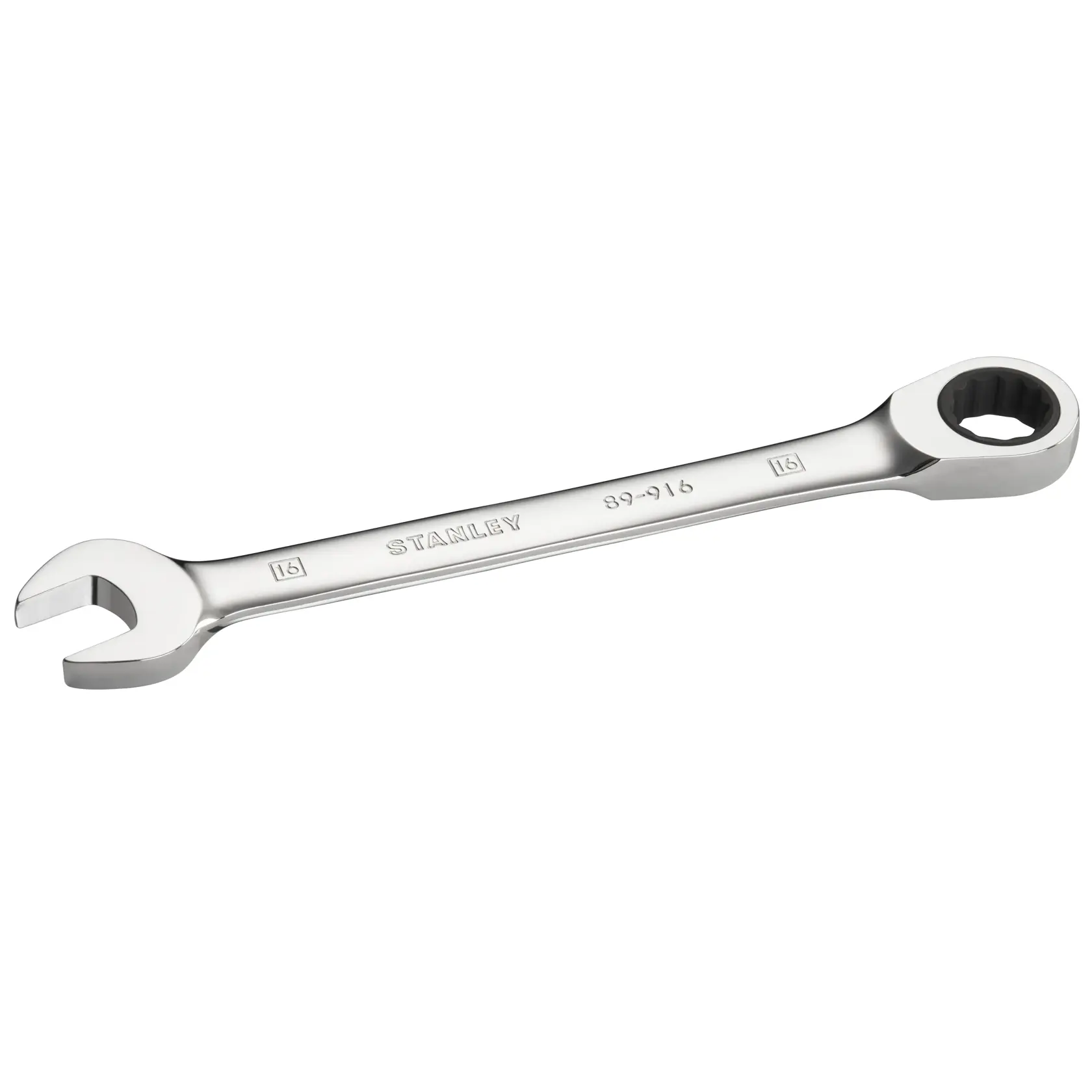 Photo of STANLEY STMT89916-0 combination wrench, chrome finish, with open and box end, product angle on white background.