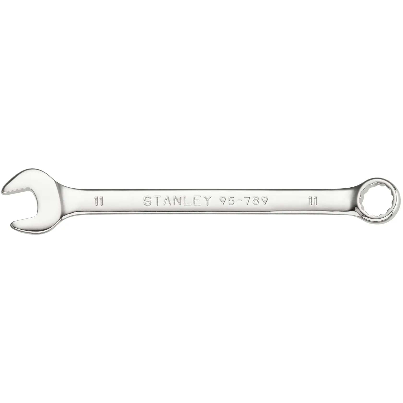 STANLEY STMT95789-0 combination wrench, chrome finish, 11mm size, product photo on white background.