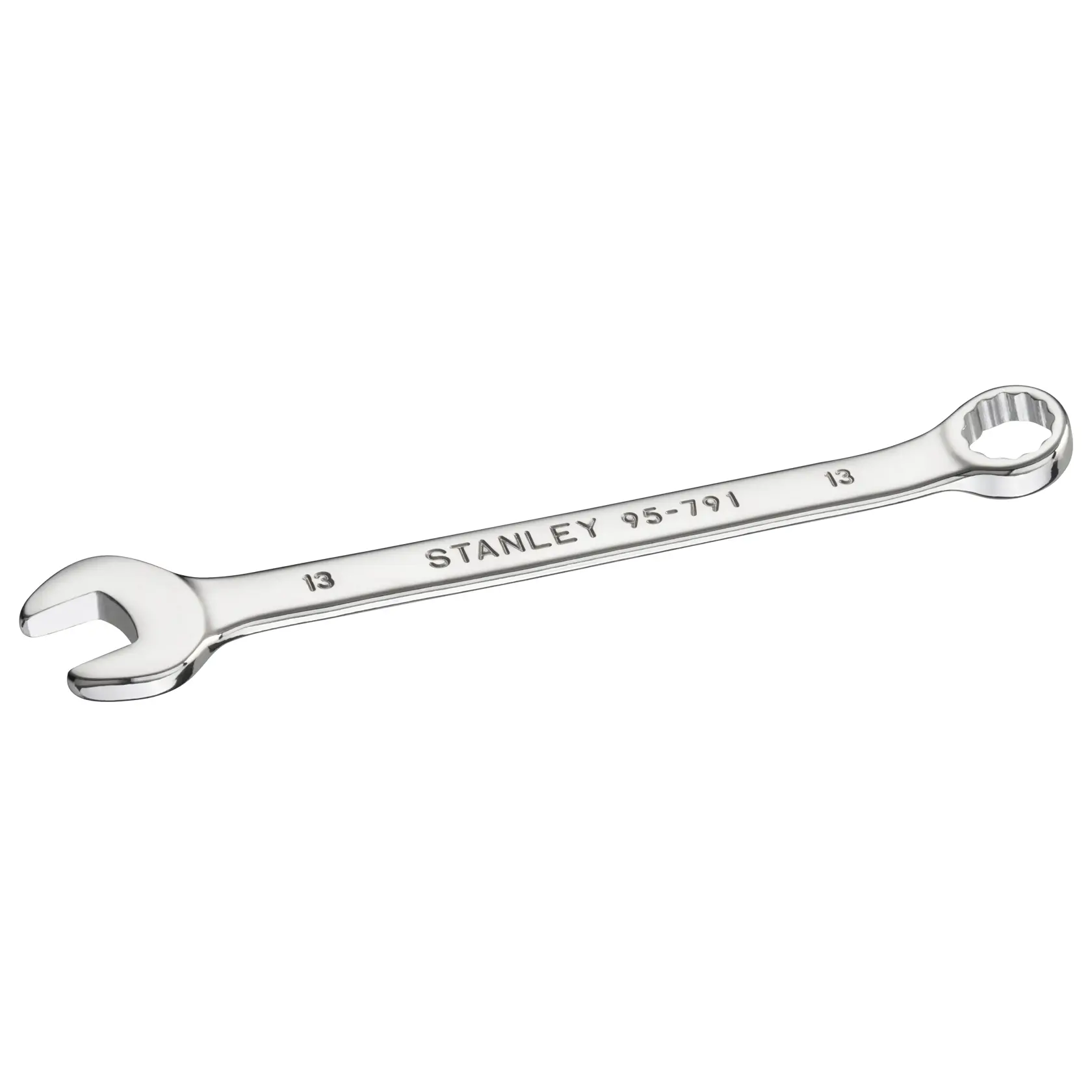 STANLEY STMT95791-0 combination wrench with open and box end, chrome finish, angled left on white background.