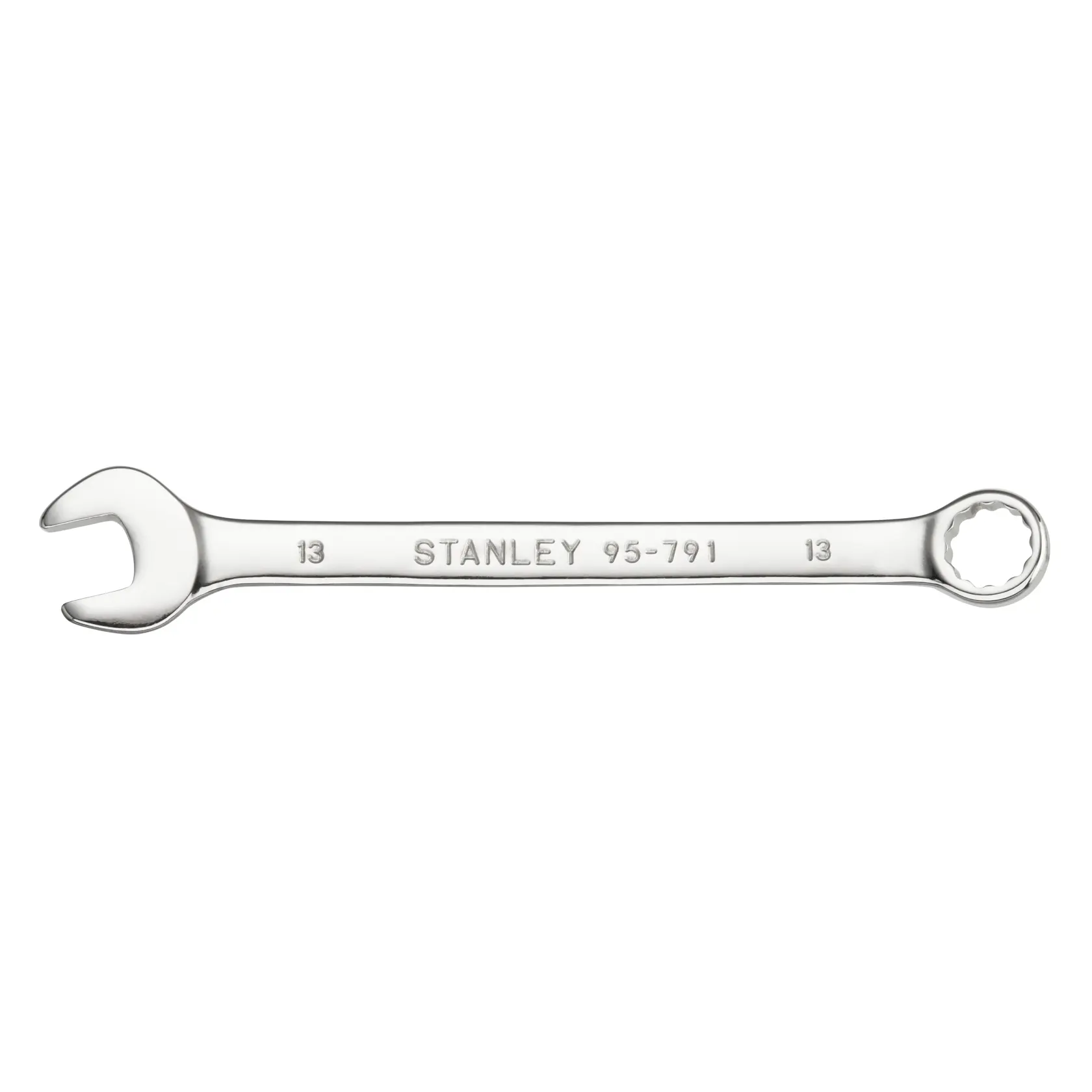 STANLEY STMT95791-0 combination wrench with open and box ends, silver finish, product photography on white background.