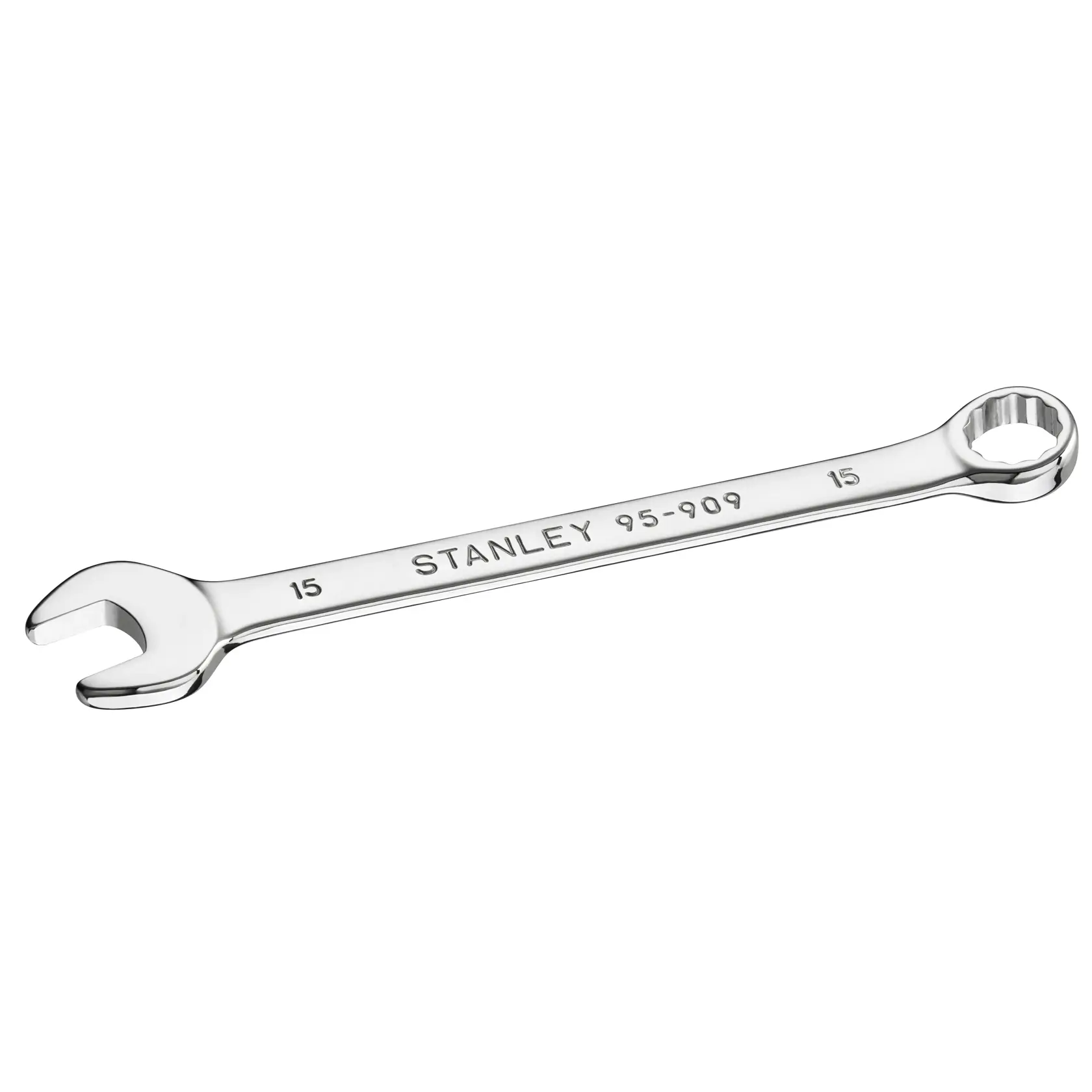 Stanley STMT95909-0 chrome combination wrench, 15mm, white background, angled view