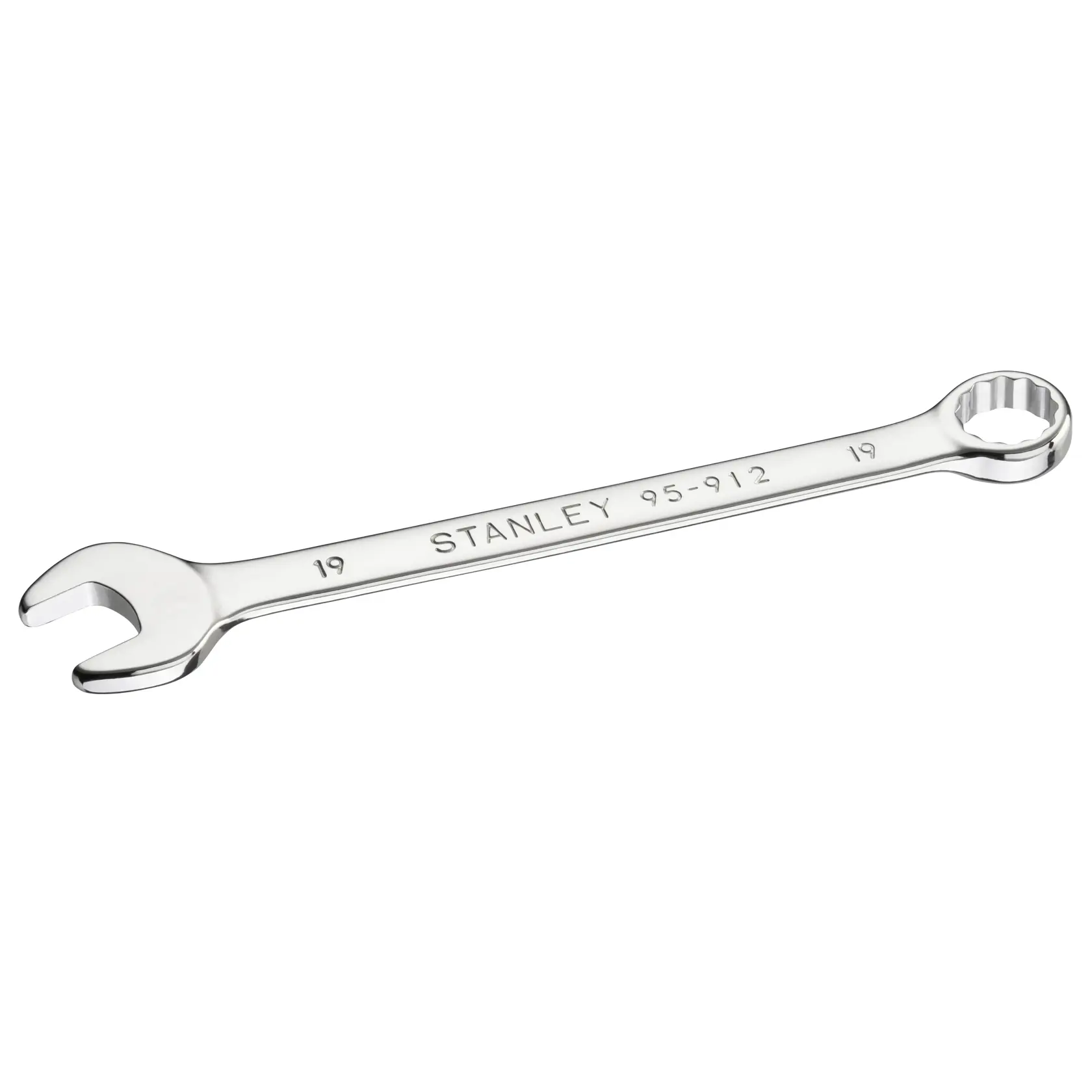 STANLEY STMT95912-0 combination wrench, silver metal, 19mm, side angle, on white background.