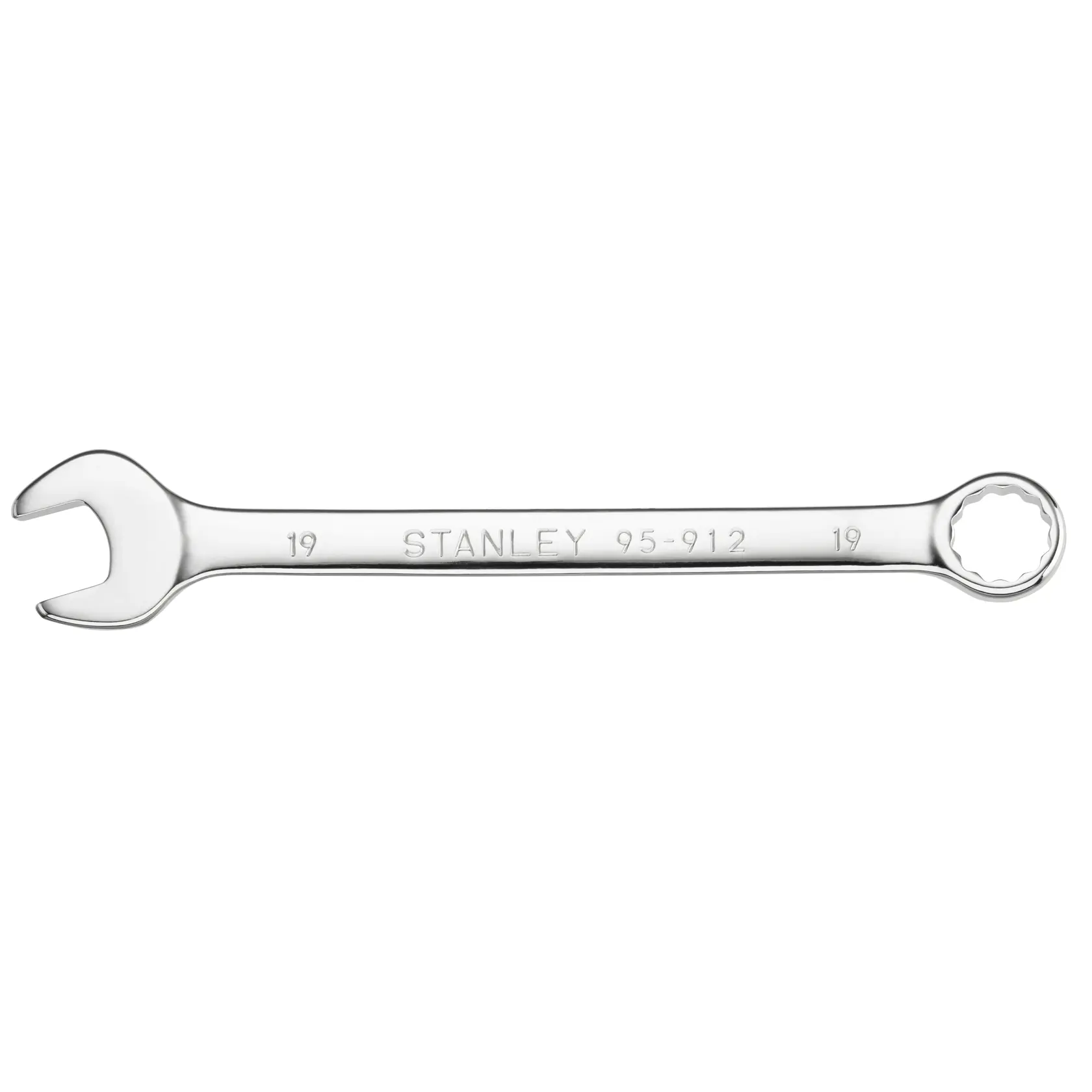 Photo of STANLEY STMT95912-0 combination wrench, chrome finish, 19mm, top angle on white background.