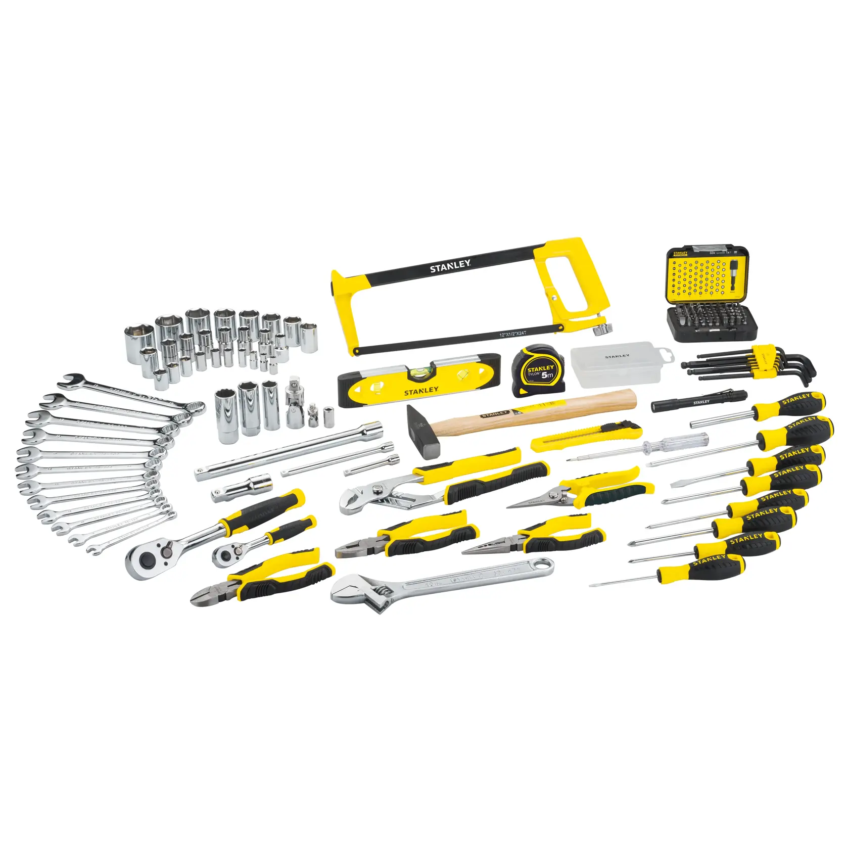 STANLEY STMT98109-1 tool set with wrenches, pliers, screwdrivers, sockets, and saw, white background front angle