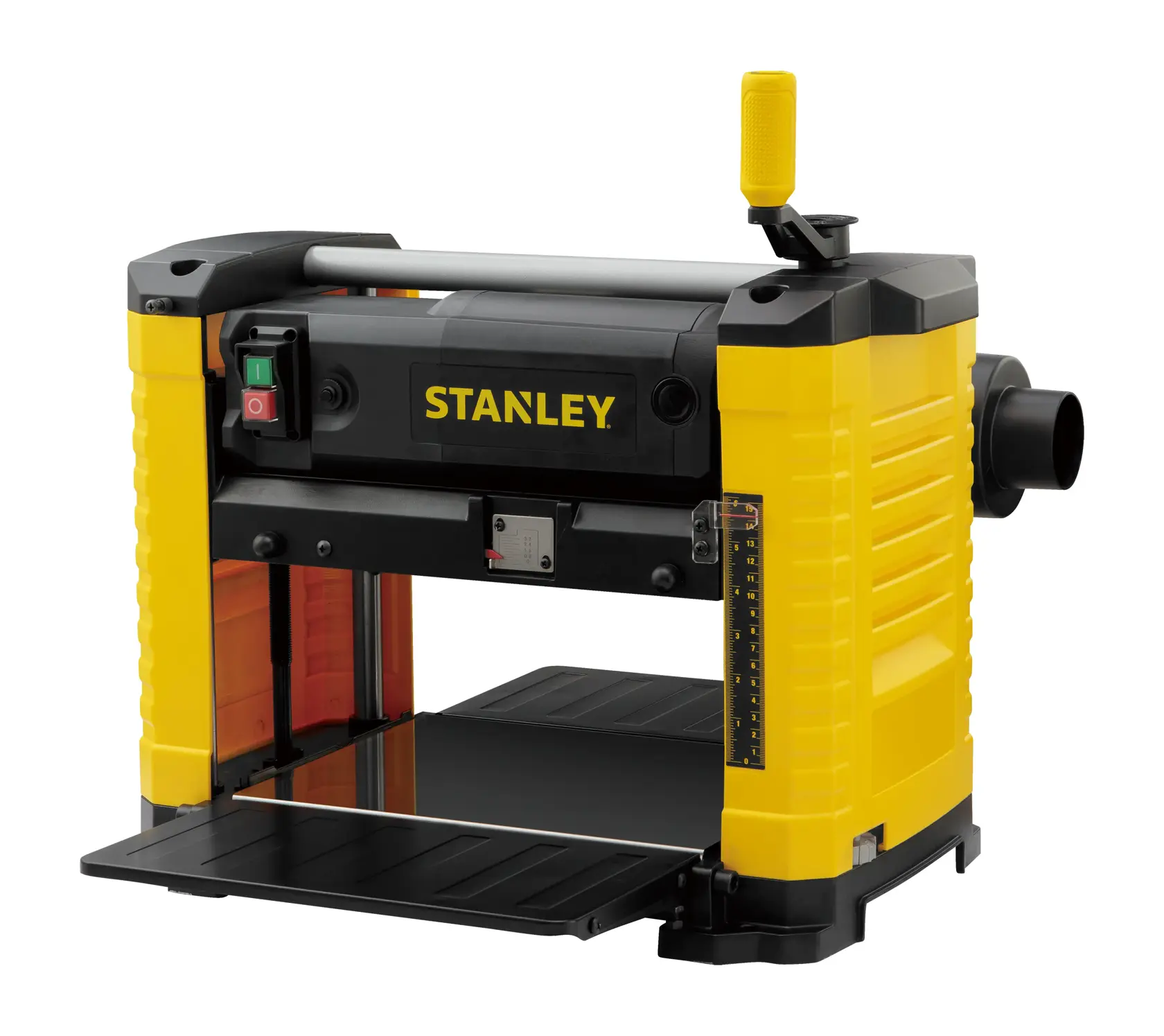 STANLEY STP18-B2 photography of yellow and black benchtop planer front angle on white background.