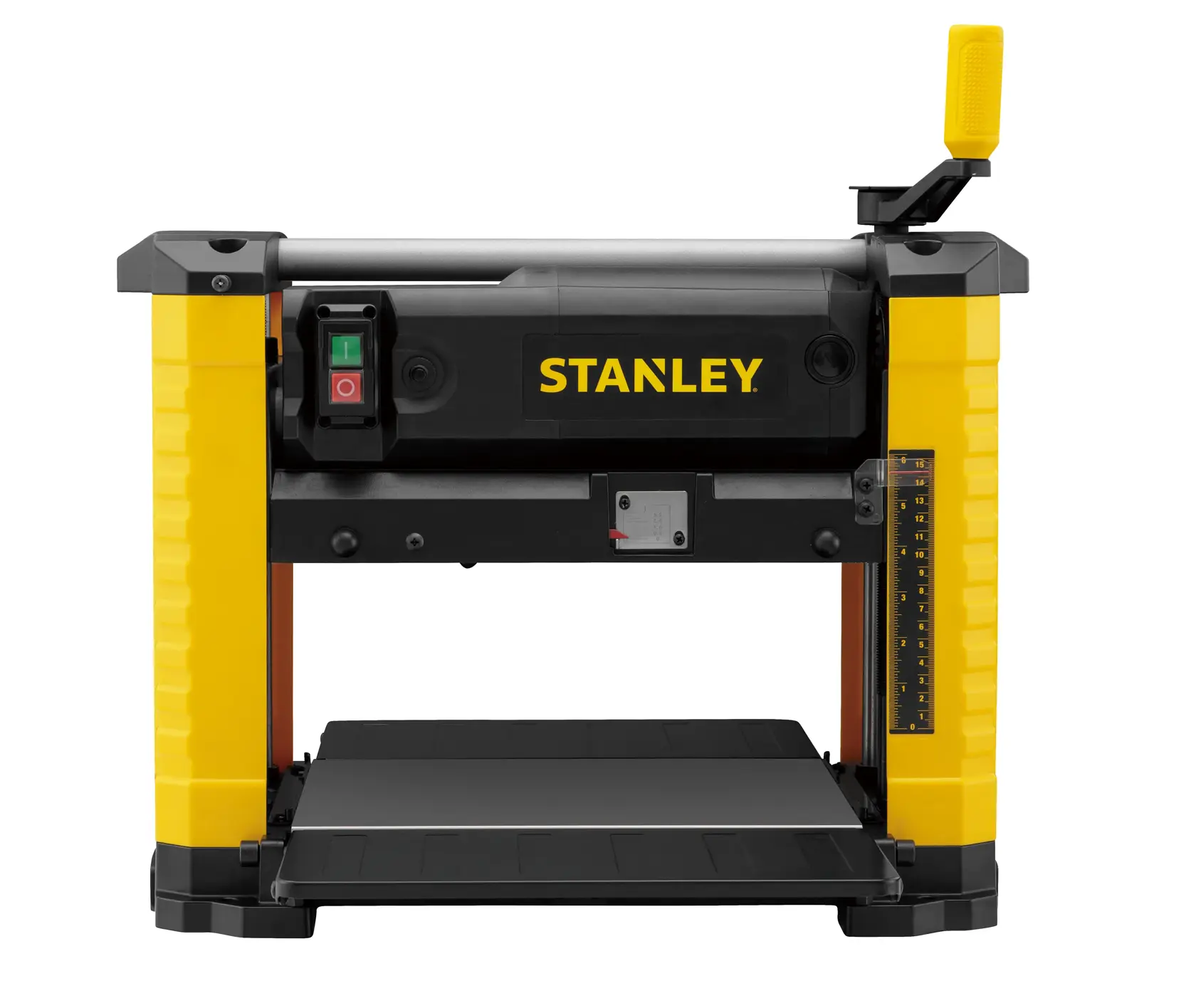 STANLEY STP18-B2 table planer front angle photo in yellow and black on white background