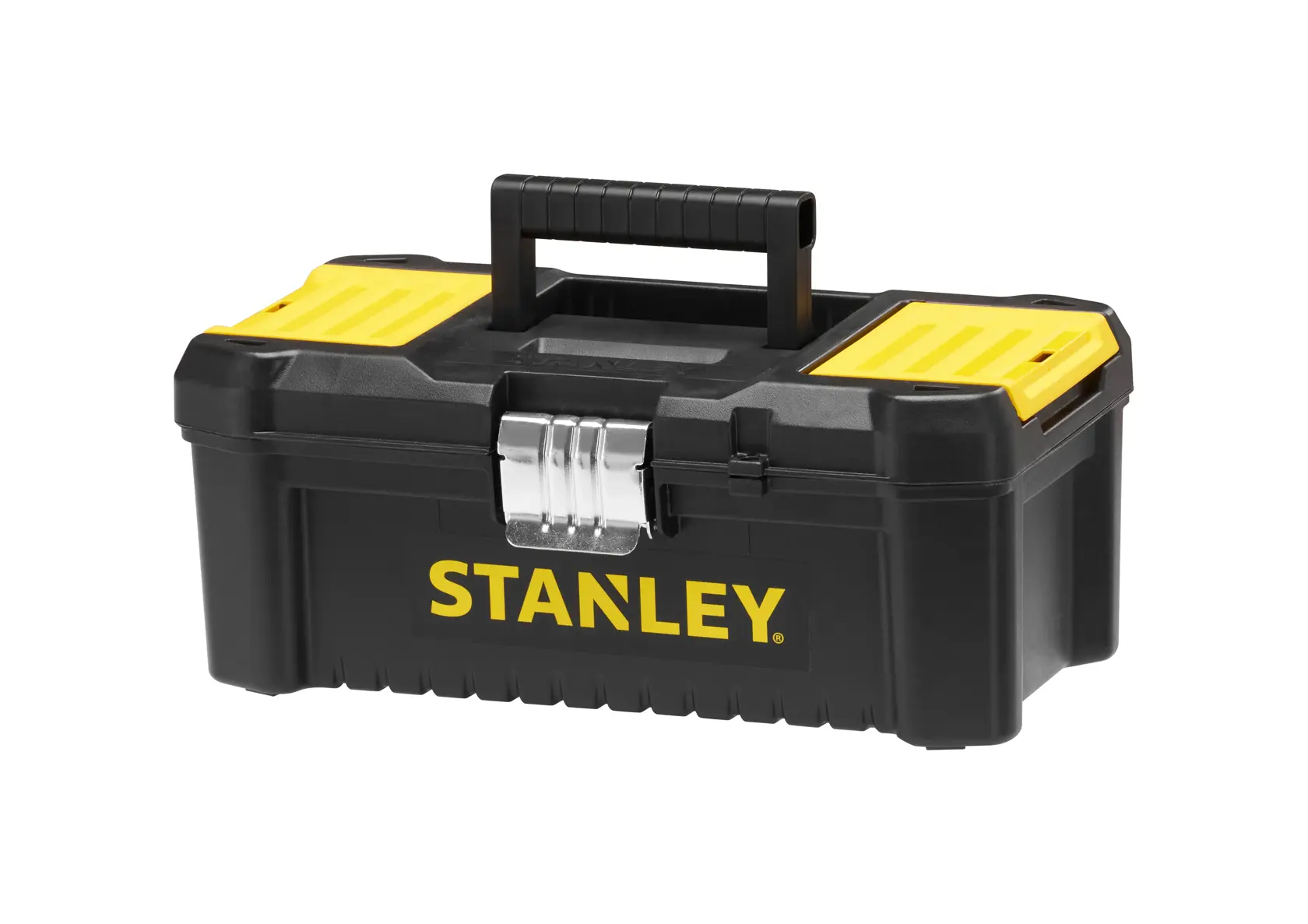 STANLEY STST1-75515 toolbox, black and yellow, front angle on white background, with metal latch.