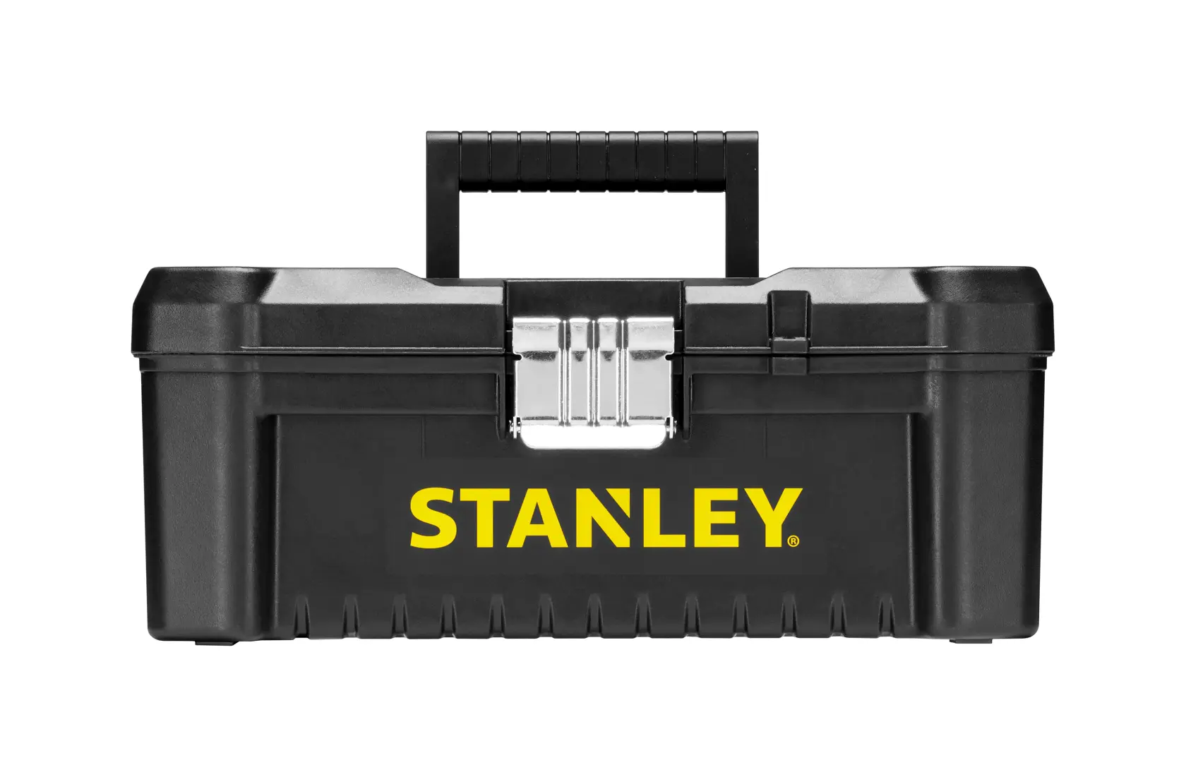 Photo of STANLEY STST1-75515 black toolbox with yellow logo, front view, metal latch and plastic handle.