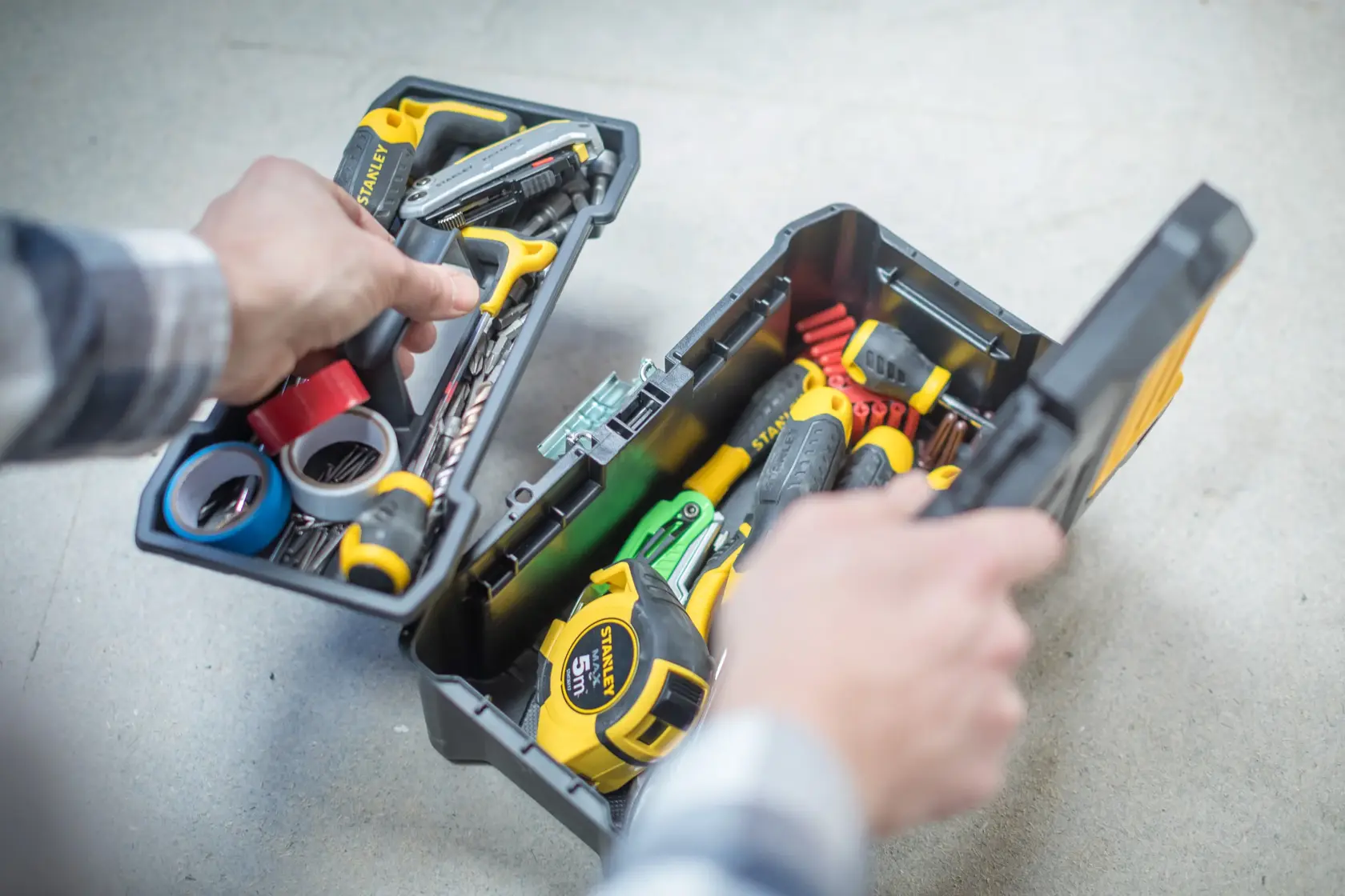 STANLEY toolbox with tools, open lid. Photography category. SKUs: STST1-75515, STST1-75515-KR.