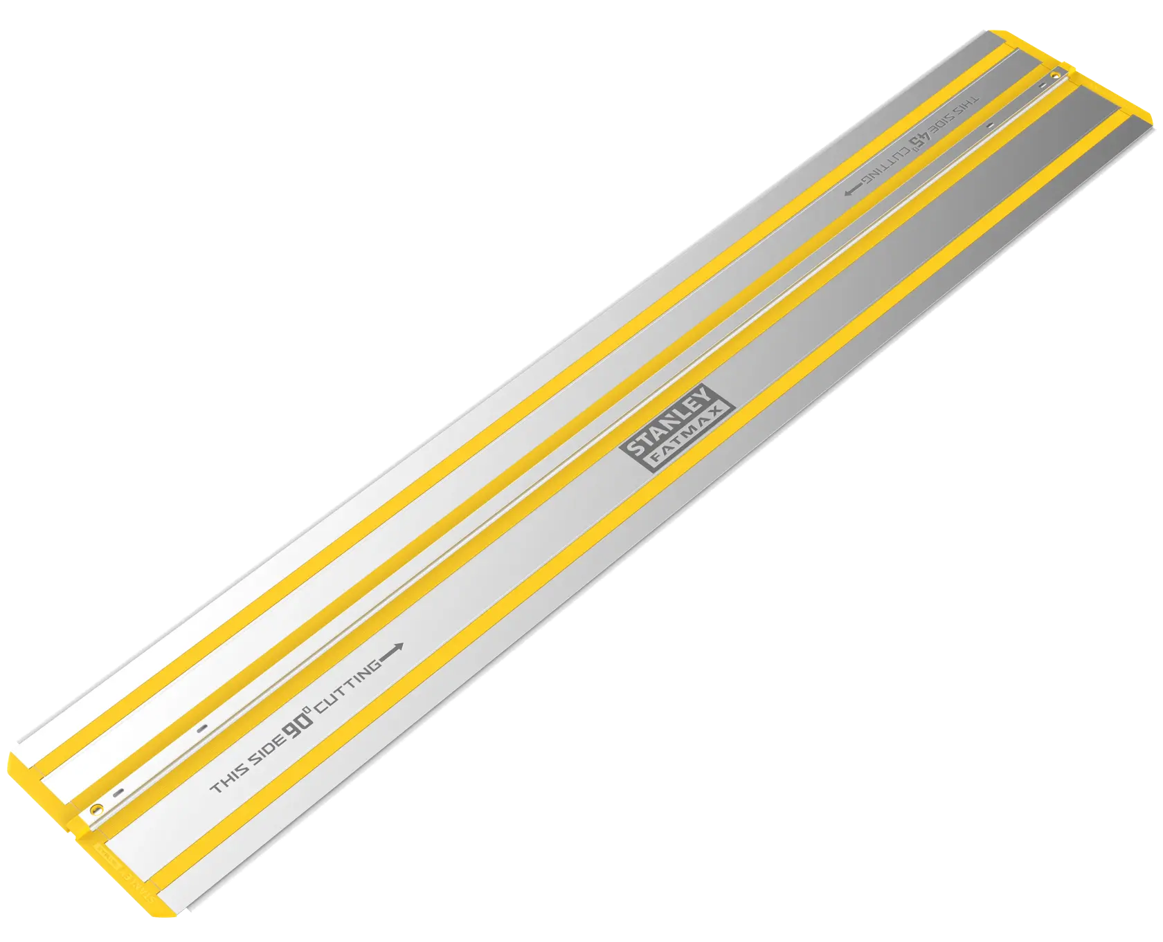 Stanley STST140-XJ guide rail, silver with yellow trim, top angle, used for straight cutting.