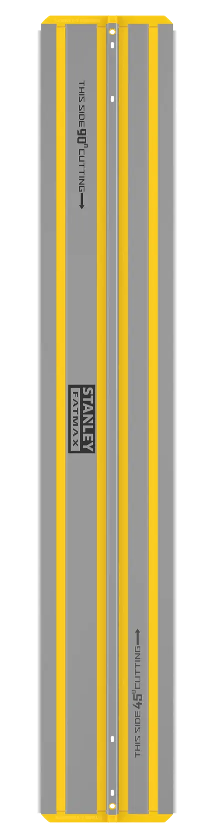STANLEY STST140-XJ silver and yellow metal guide rail, top view, for precise circular saw cutting.