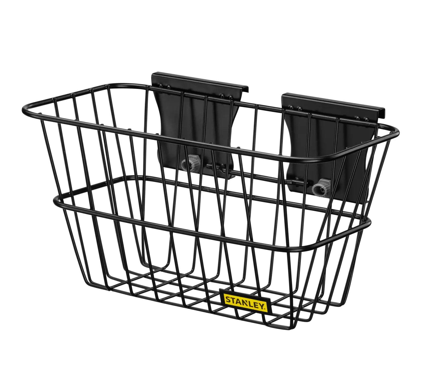 Stanley STST82603-1 black metal wire basket, front angle, storage accessory, yellow Stanley logo.
