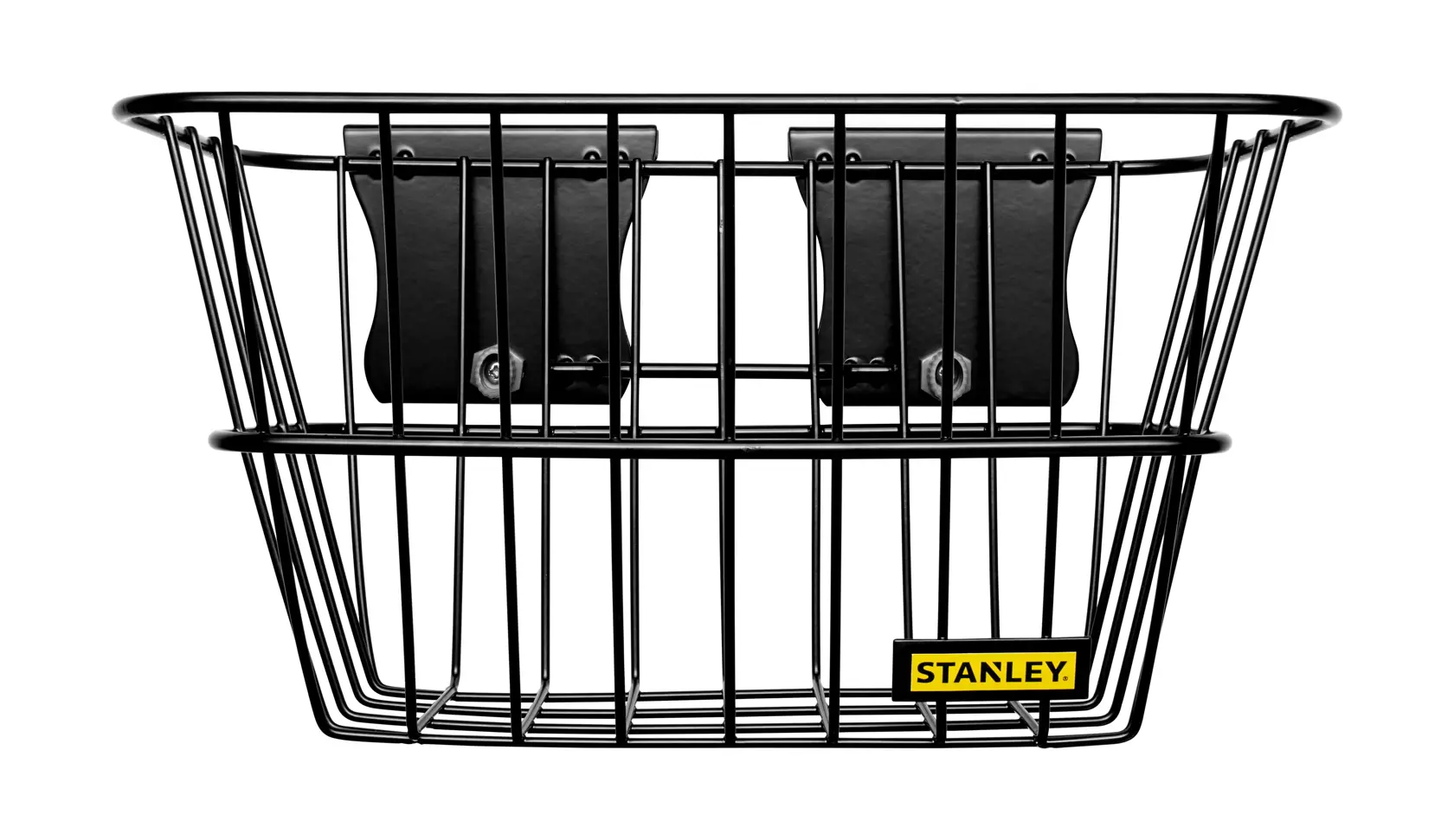 STANLEY STST82603-1 black wire wall basket, photography, front angle, yellow logo.