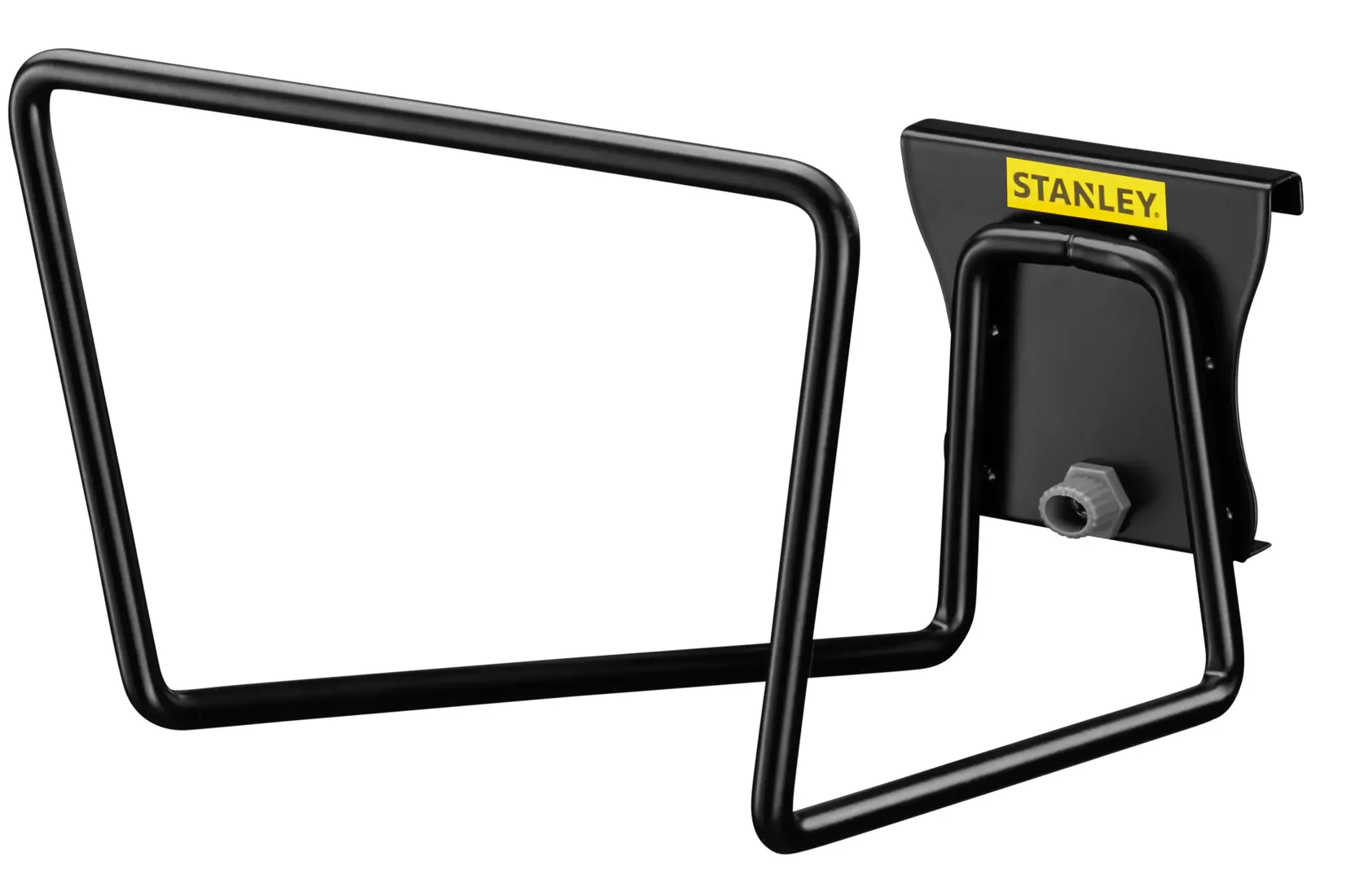 STANLEY STST82604-1 black metal hose hanger, front angle, with yellow brand label on mounting plate.