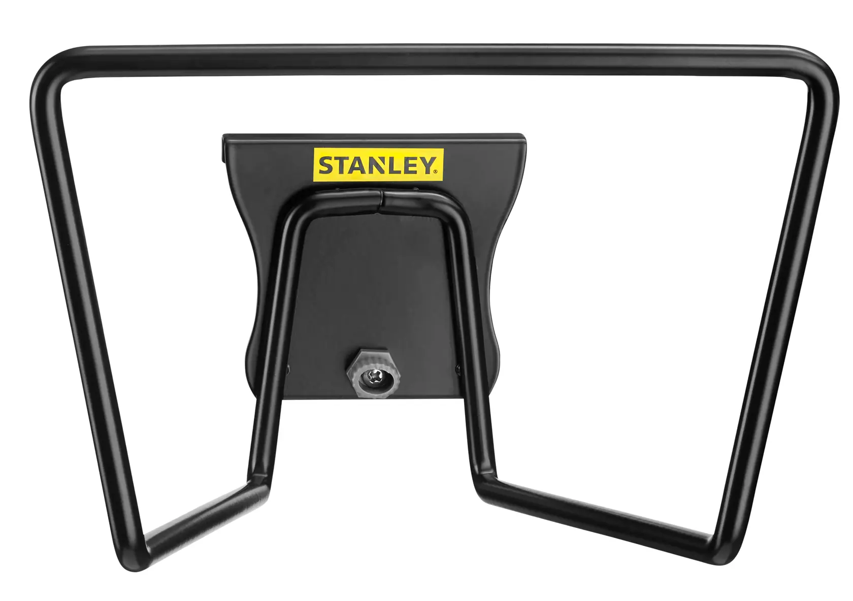STANLEY STST82604-1 black metal wall-mounted hose holder, front angle, on white background.
