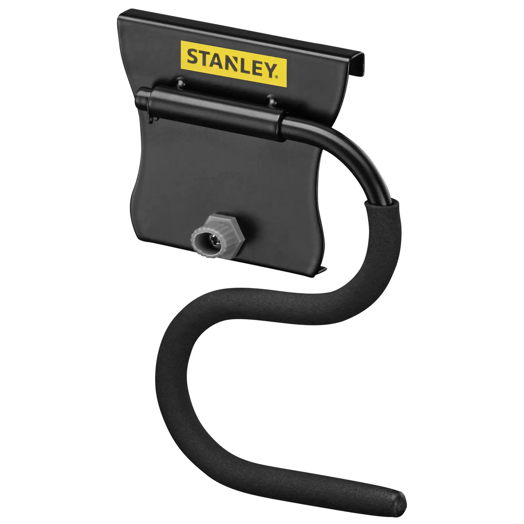 STANLEY STST82605-1 black wall-mounted utility hook with foam padding, side angle on white background.