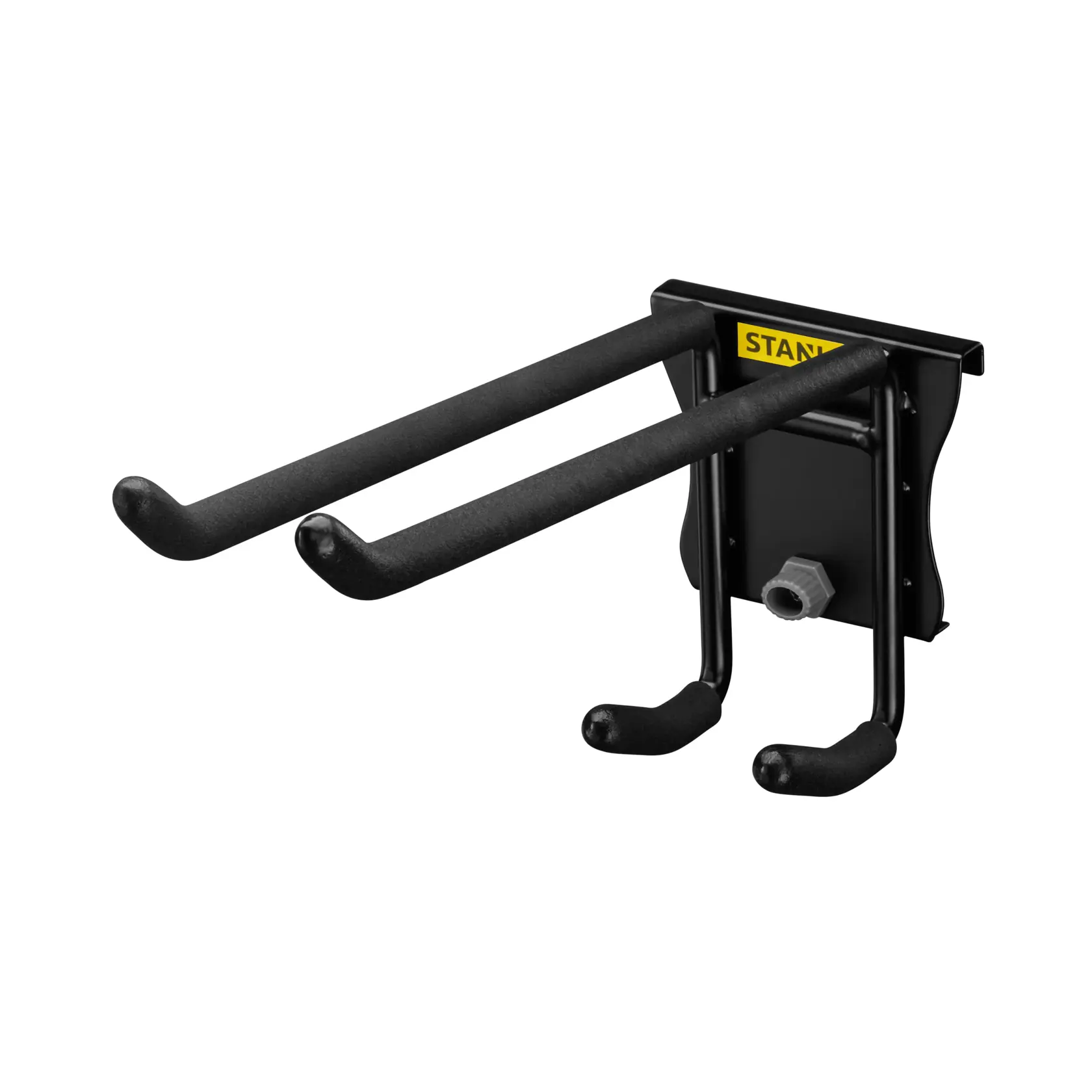 Wall-mounted black metal double arm storage hook with padded ends, suitable for organizing tools or equipment.