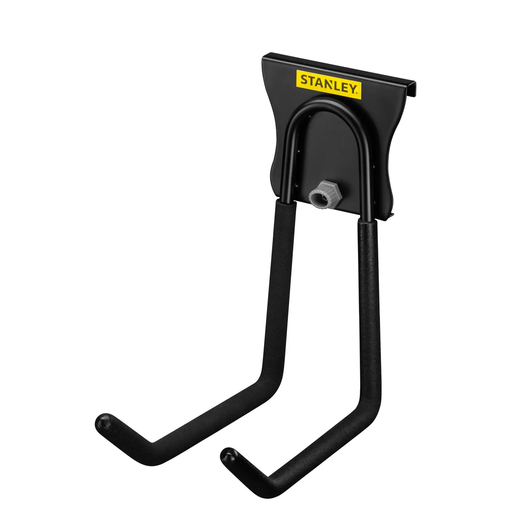 STANLEY STST82608-1 black wall-mounted double hook, product front angle photo.