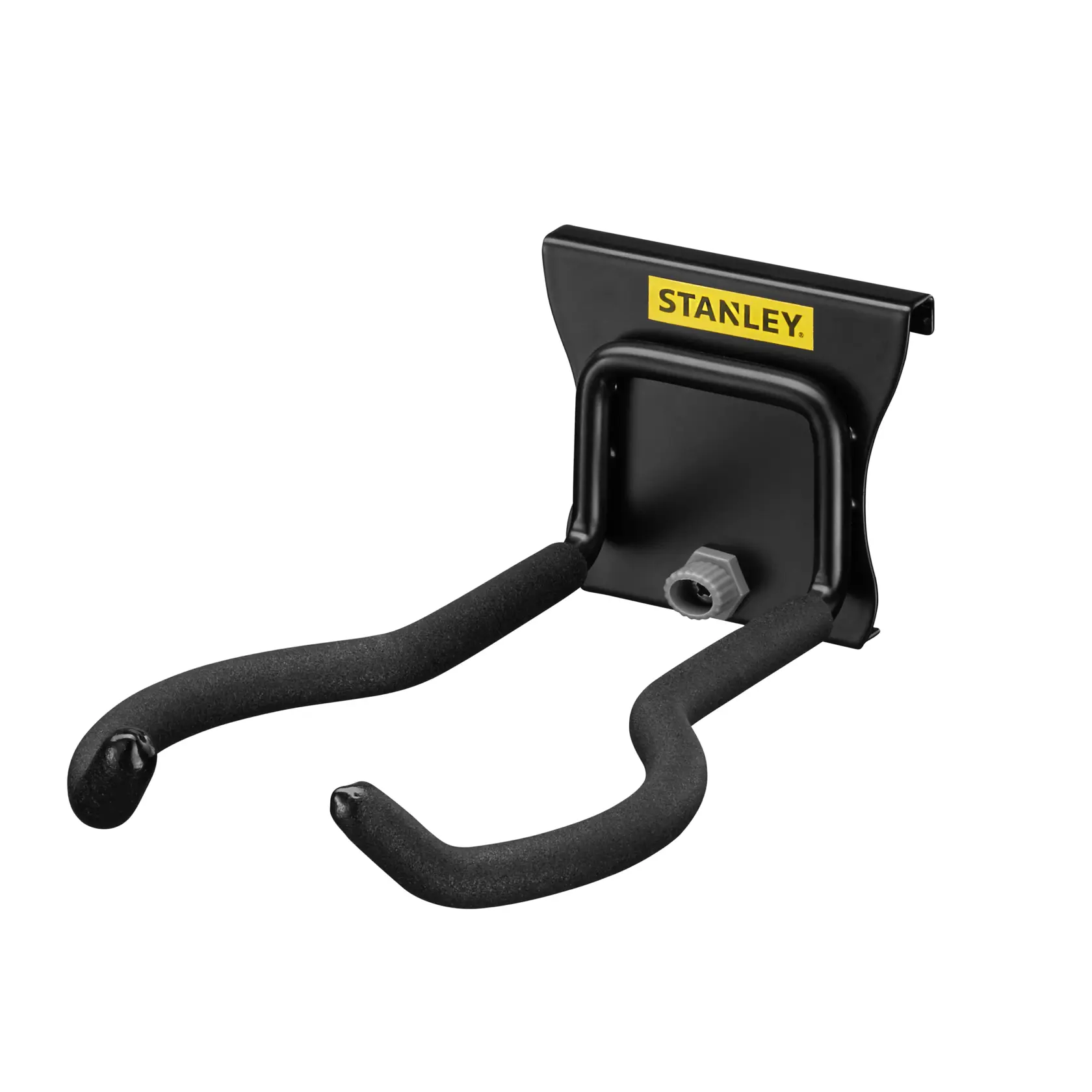 STANLEY STST82609-1 black double hook wall mount, front angle, coated steel for tool storage.