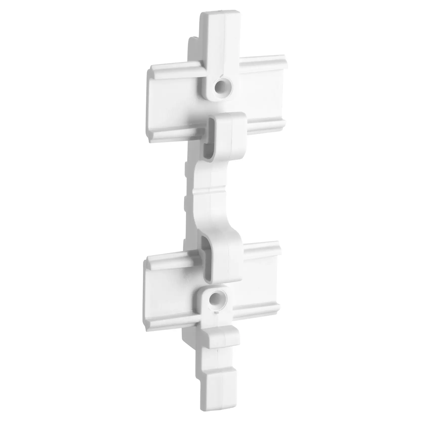 White plastic wall mount bracket with slots and holes for secure attachment, shown against a plain background.
