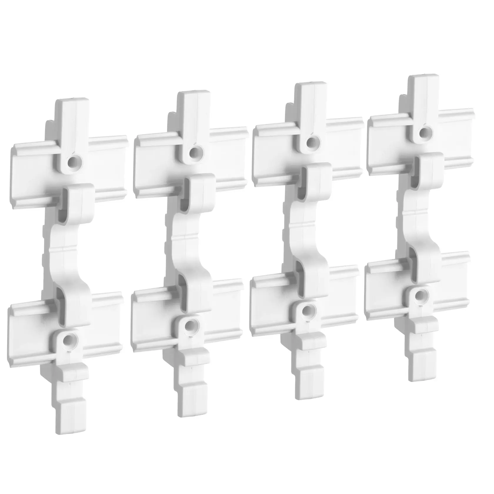 STANLEY STST82610-1 white plastic wall mount hooks, product photography, angled on white background.