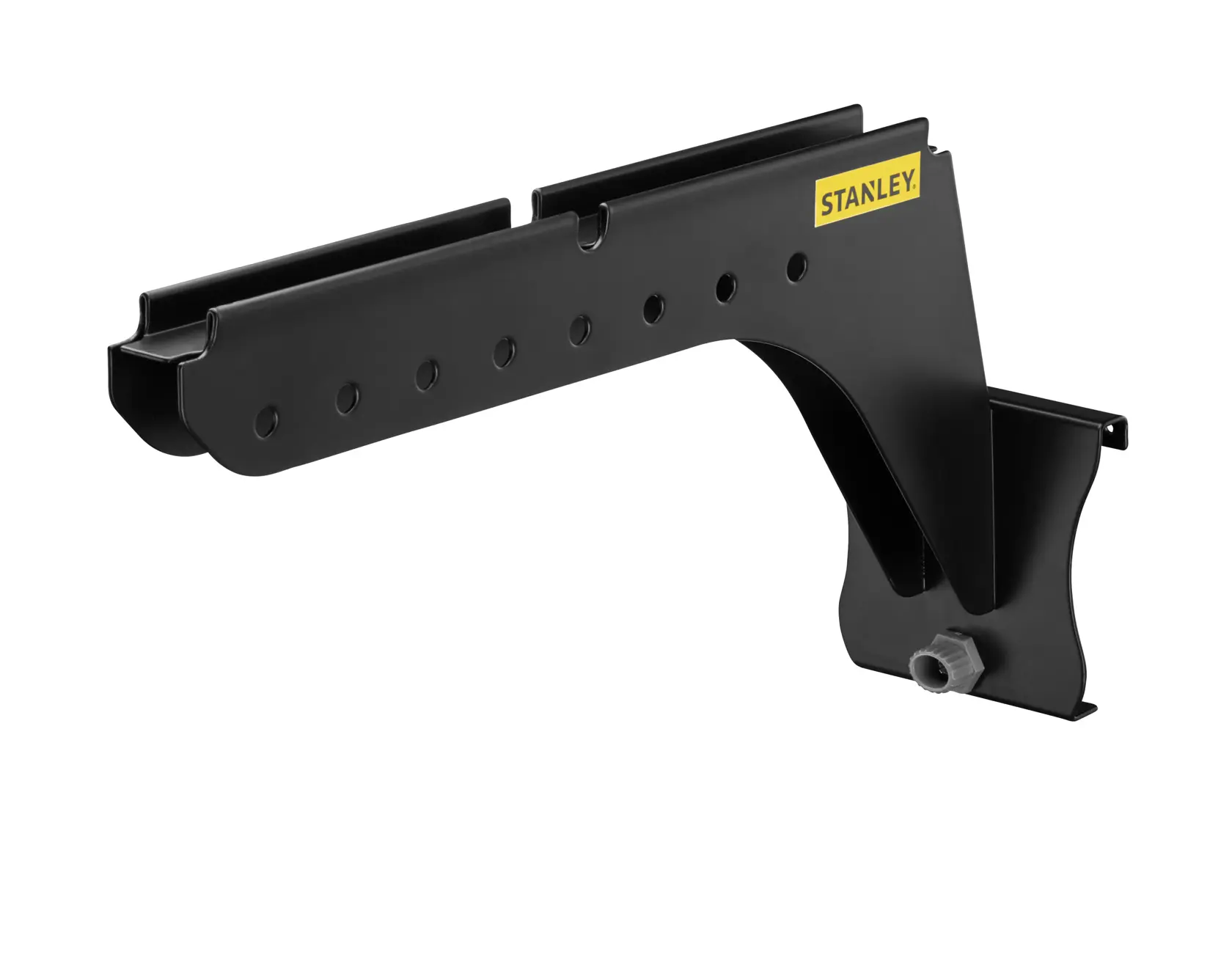 STANLEY STST82612-1 black wall bracket, angled view, metal mounting accessory for shelving.
