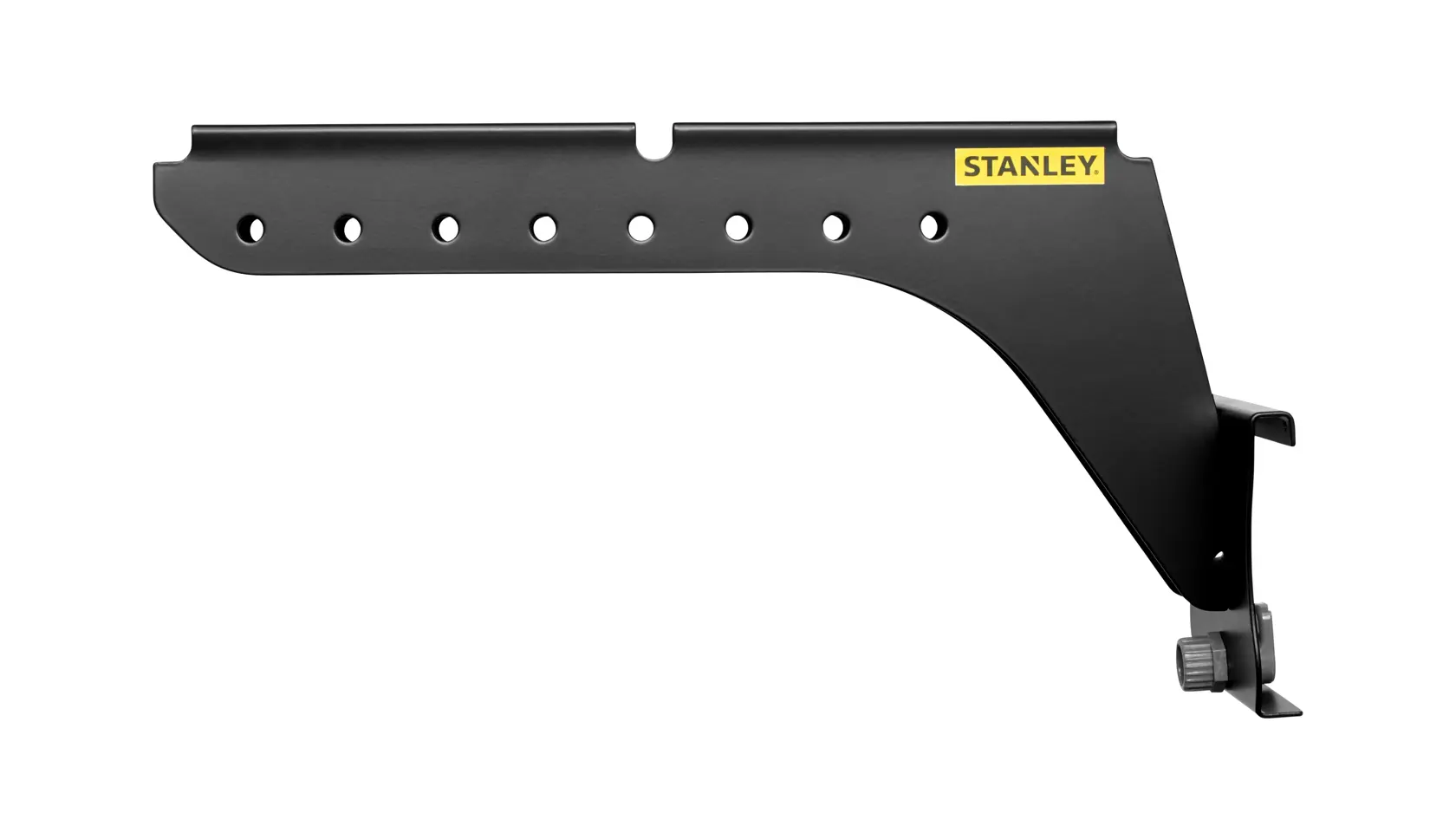 Photo of STANLEY STST82612-1 adjustable black metal bracket, side view, with multiple mounting holes.