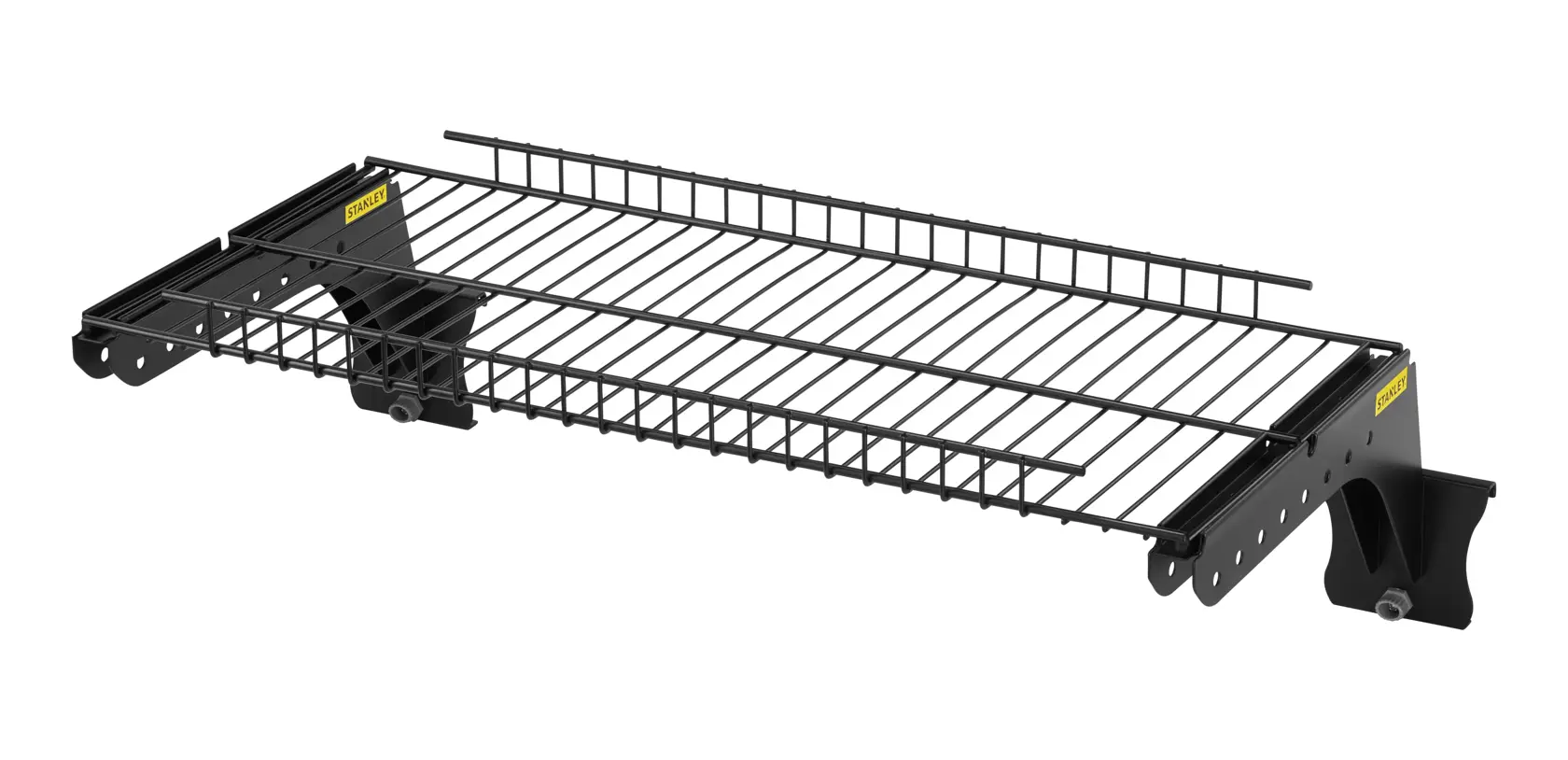 Stanley metal wire storage shelf with black mounting brackets for wall organization.