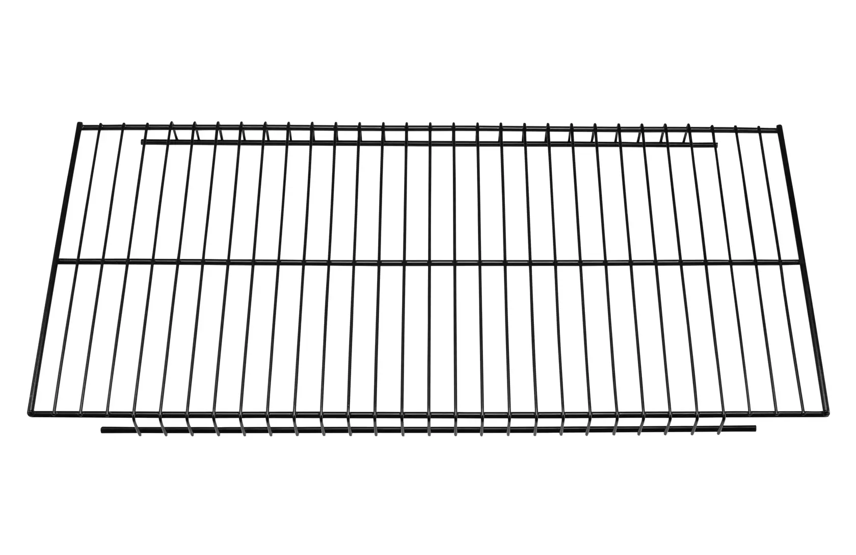 Black metal wire shelf with rectangular shape and parallel bars for storage or organization.