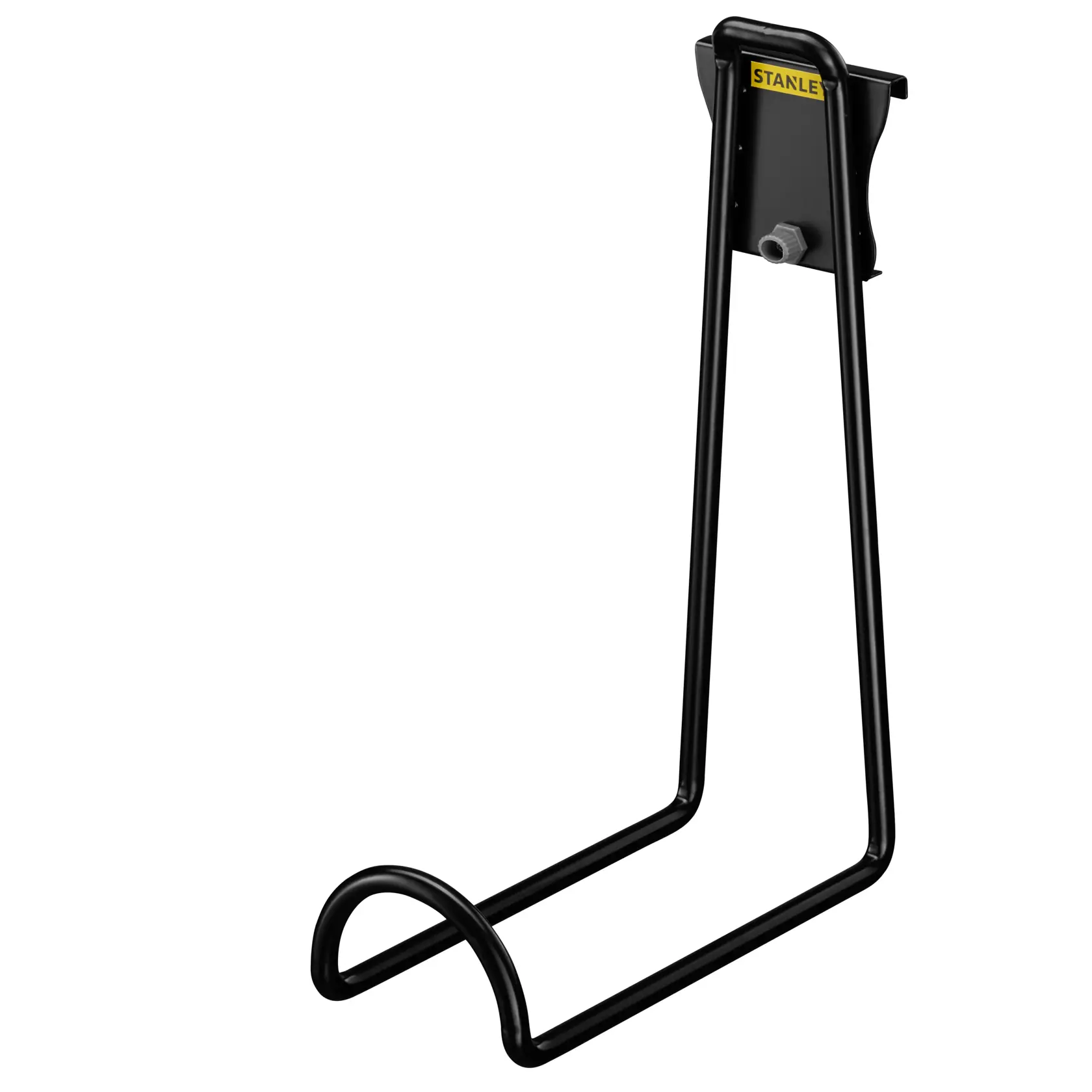 Black metal STANLEY wall mount for storing or organizing items, featuring a curved holder and sturdy design.