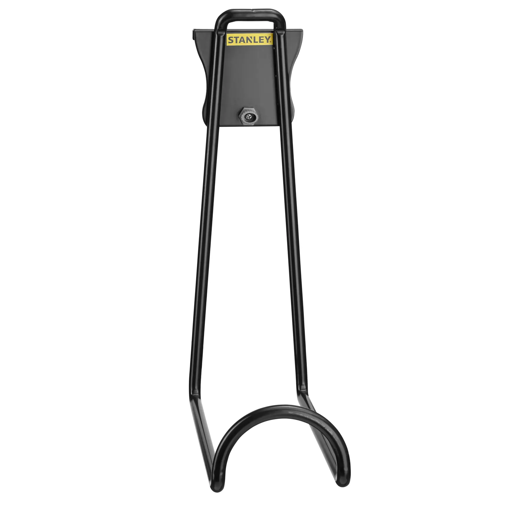 STANLEY STST82614-1 black metal wall-mounted hose holder, front view, on white background.