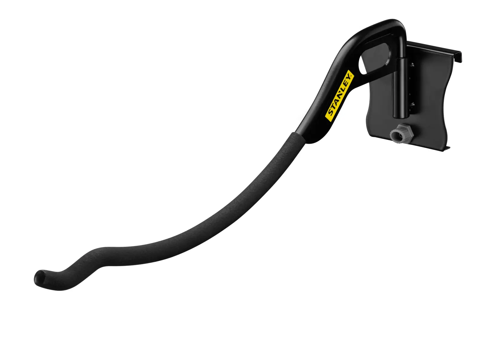 STANLEY STST82615-1 wall-mounted storage hook, black curved metal, side angle photo.