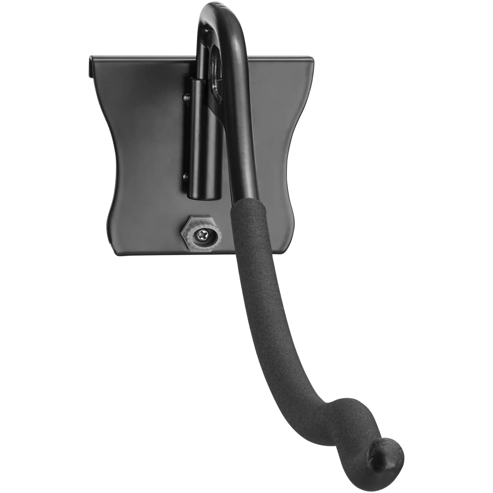 Wall-mounted black utility hook with foam coating for storage. Curved design suitable for holding tools or equipment.