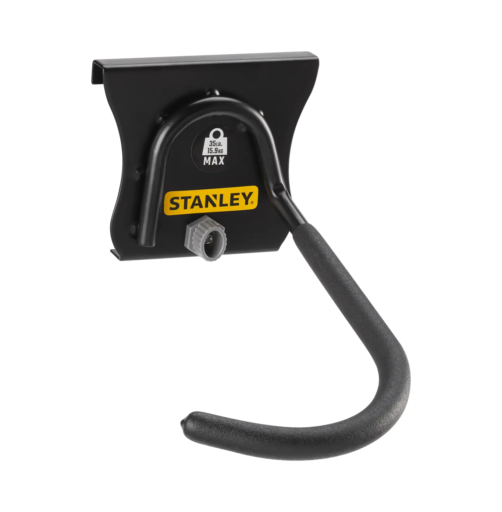 STANLEY STST82616-1 black wall storage hook, side angle, with yellow logo and textured grip.