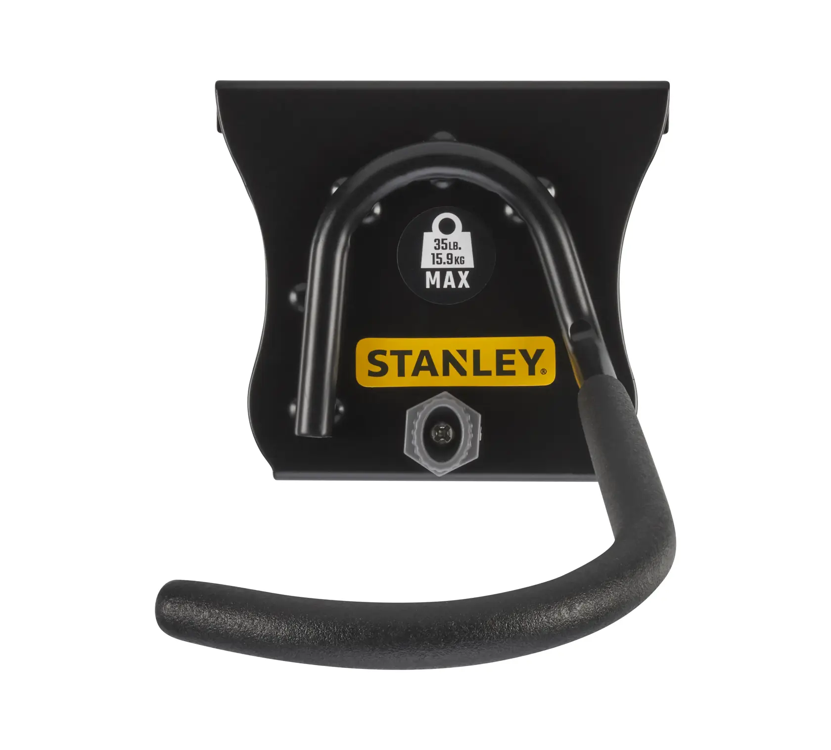 Photo of STANLEY STST82616-1 black steel wall hook, front angle on white background.