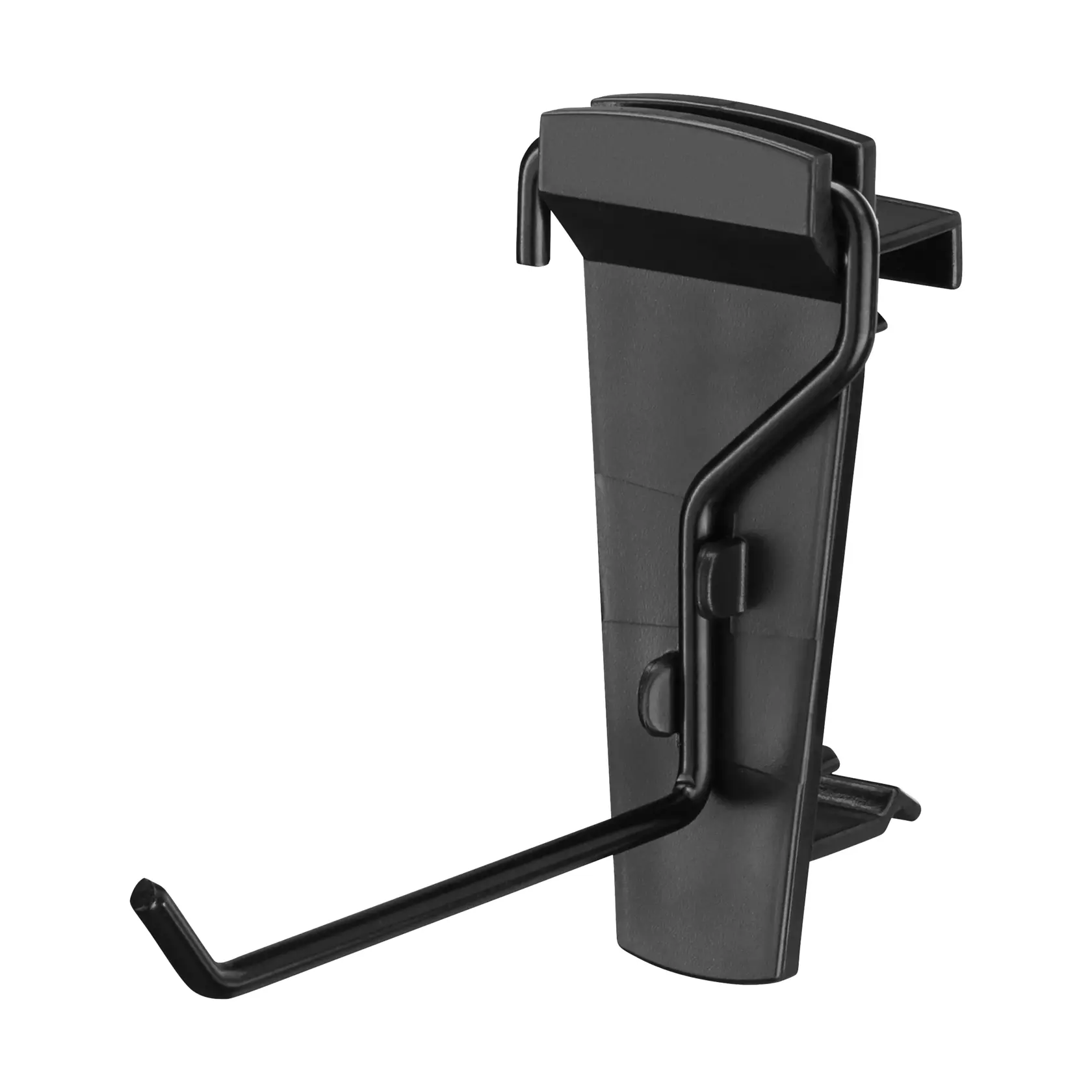 STANLEY STST82617-1 black wall mount hook, side angle, for garage storage organization.