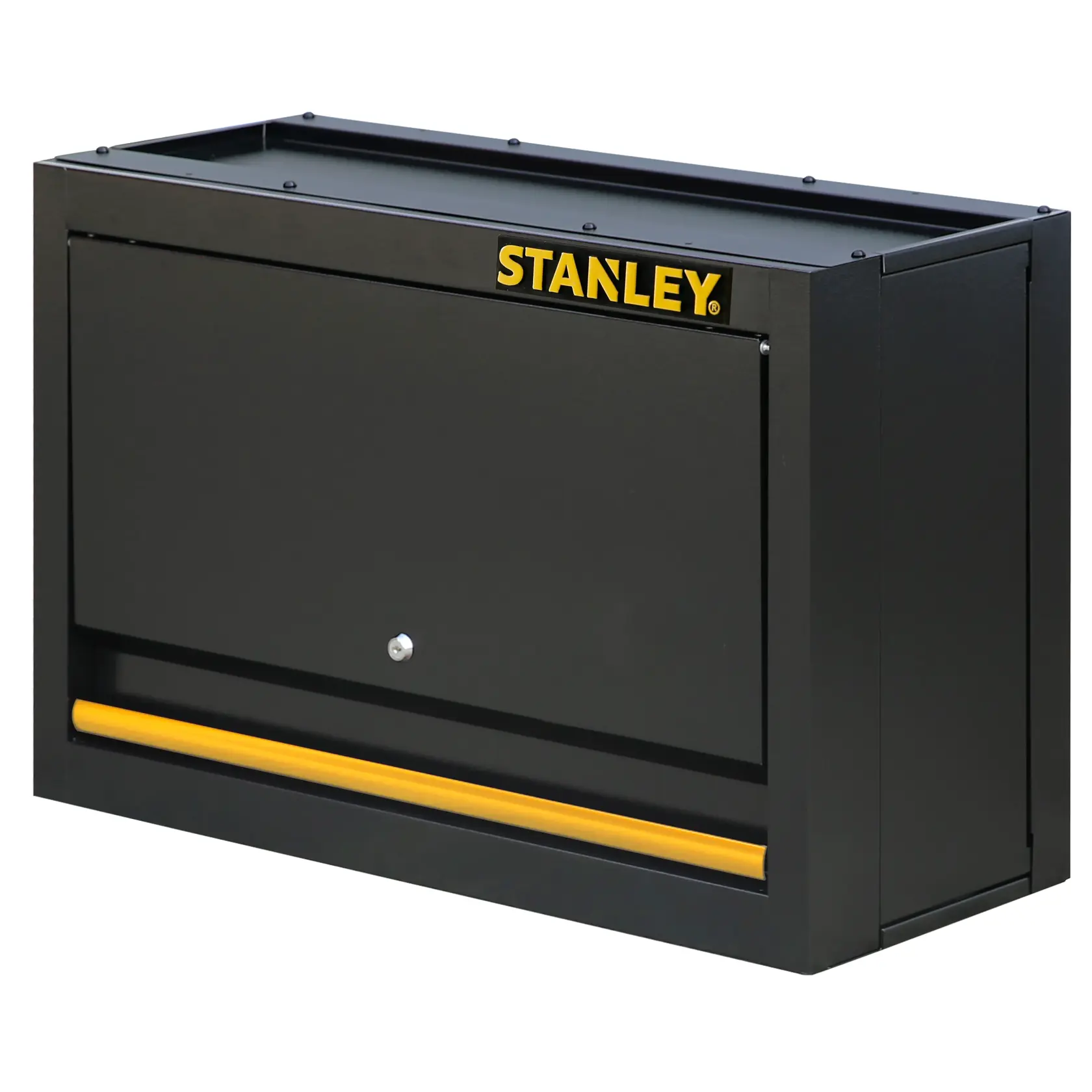 STANLEY STST97599-1 black wall-mounted cabinet, front angle, with yellow accent and lock.