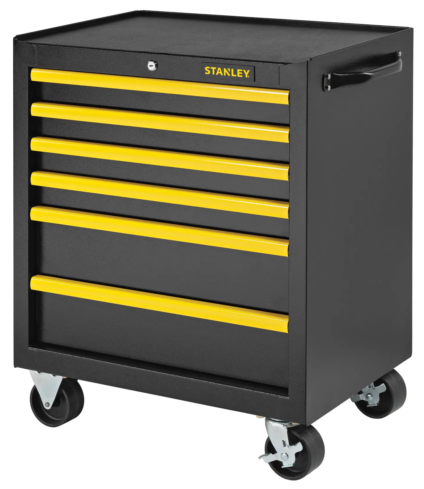 STANLEY STST98182-1 black tool chest with seven yellow-handled drawers, side handle, and caster wheels, photography front angle.